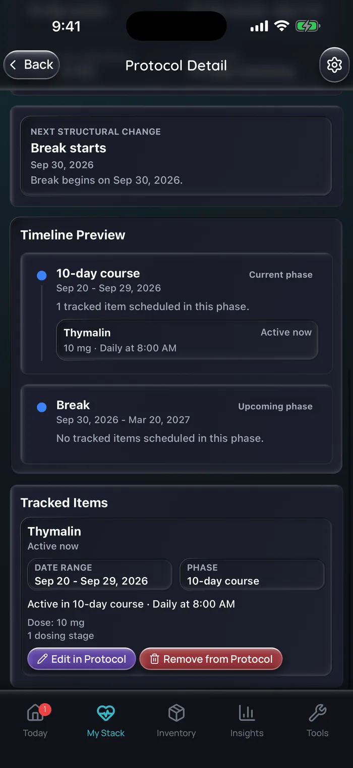 Doserly timeline preview for an example Thymalin course: a 10-day course phase from Sep 20 to Sep 29, 2026 with Thymalin 10 mg daily at 8:00 AM, followed by a Break phase from Sep 30, 2026 to Mar 20, 2027 with no tracked items.