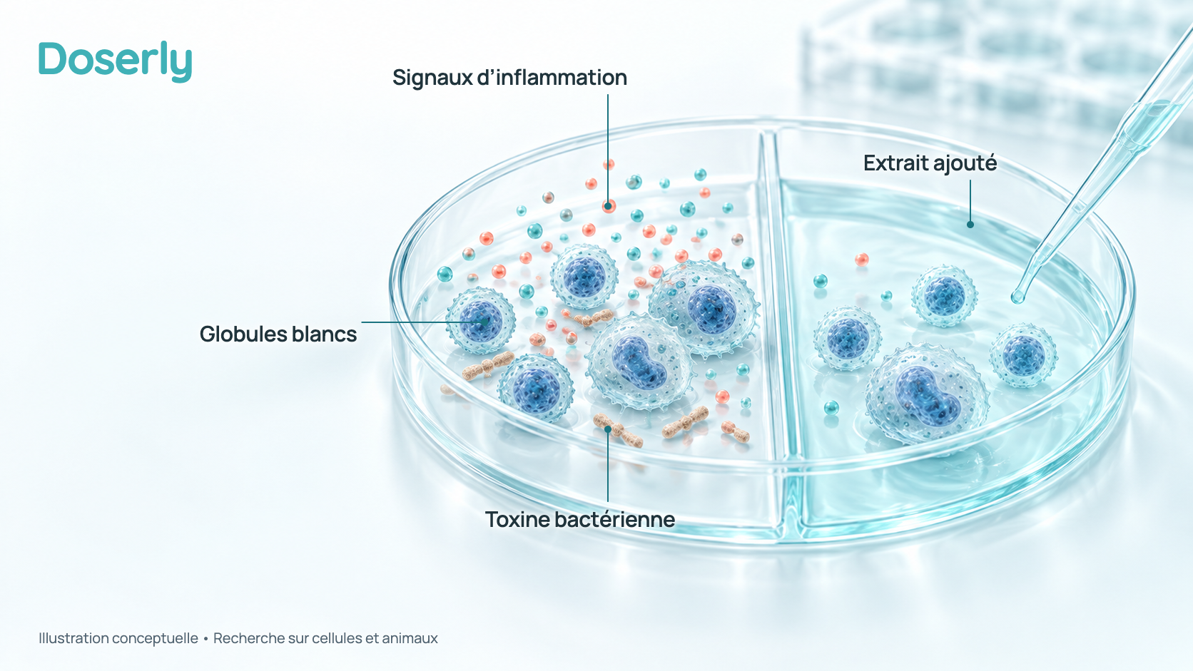 Illustration de globules blancs humains dans une boîte de laboratoire, d’abord provoqués par une toxine bactérienne et libérant des protéines de signalisation inflammatoires, puis libérant moins de signaux après l’ajout de l’extrait de thymus.