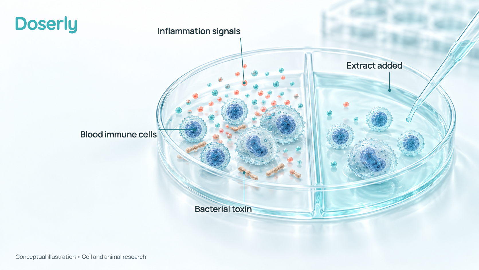 Illustration of human white blood cells in a laboratory dish, first provoked with a bacterial toxin and releasing inflammatory signaling proteins, then with fewer signals released after the thymus extract is added.