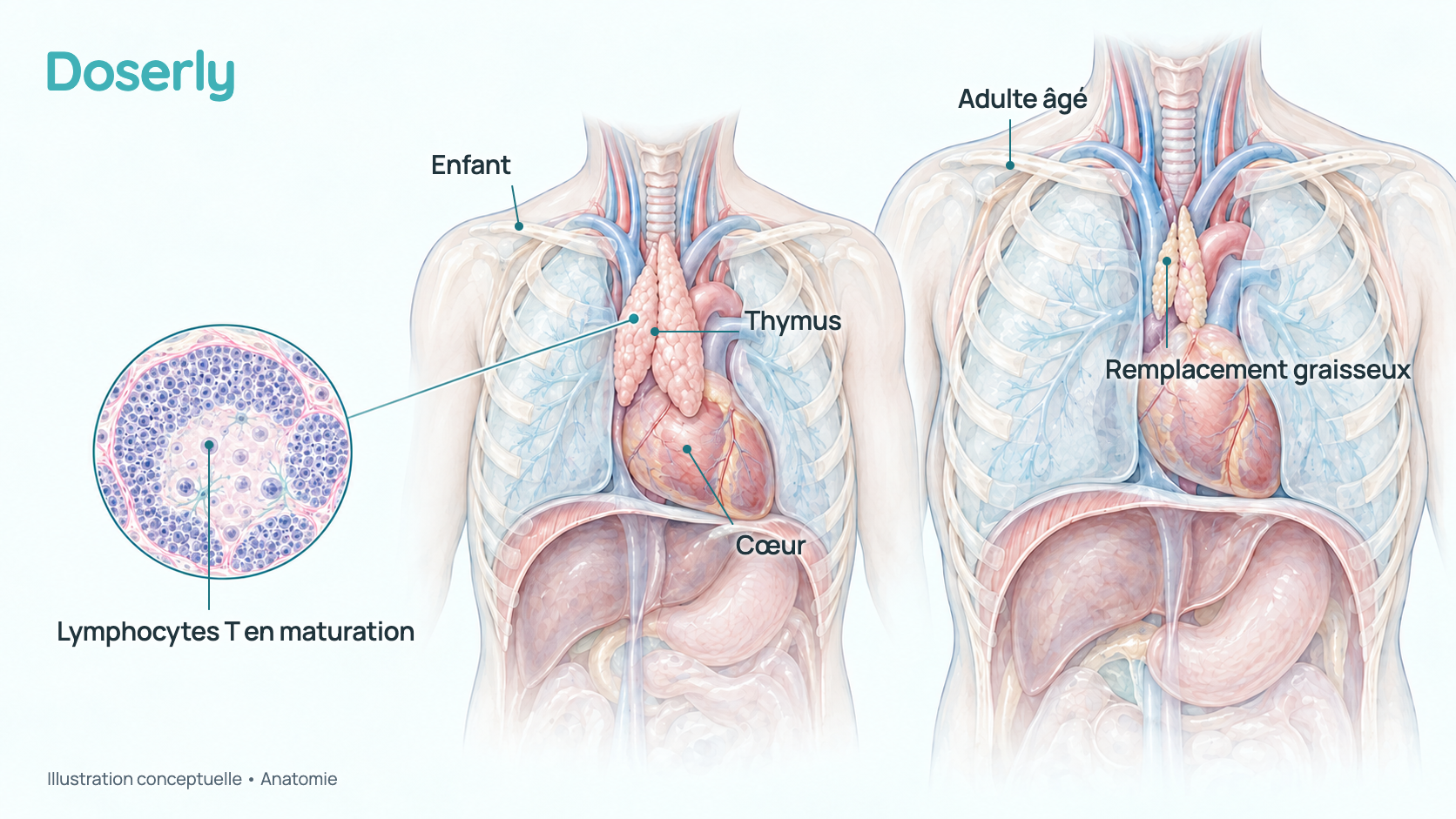 Illustration du thymus dans le haut de la poitrine, derrière le sternum, volumineux chez l’enfant, rétréci et remplacé par de la graisse chez l’adulte âgé, avec une vue en coupe qui montre des lymphocytes T en train de mûrir à l’intérieur.
