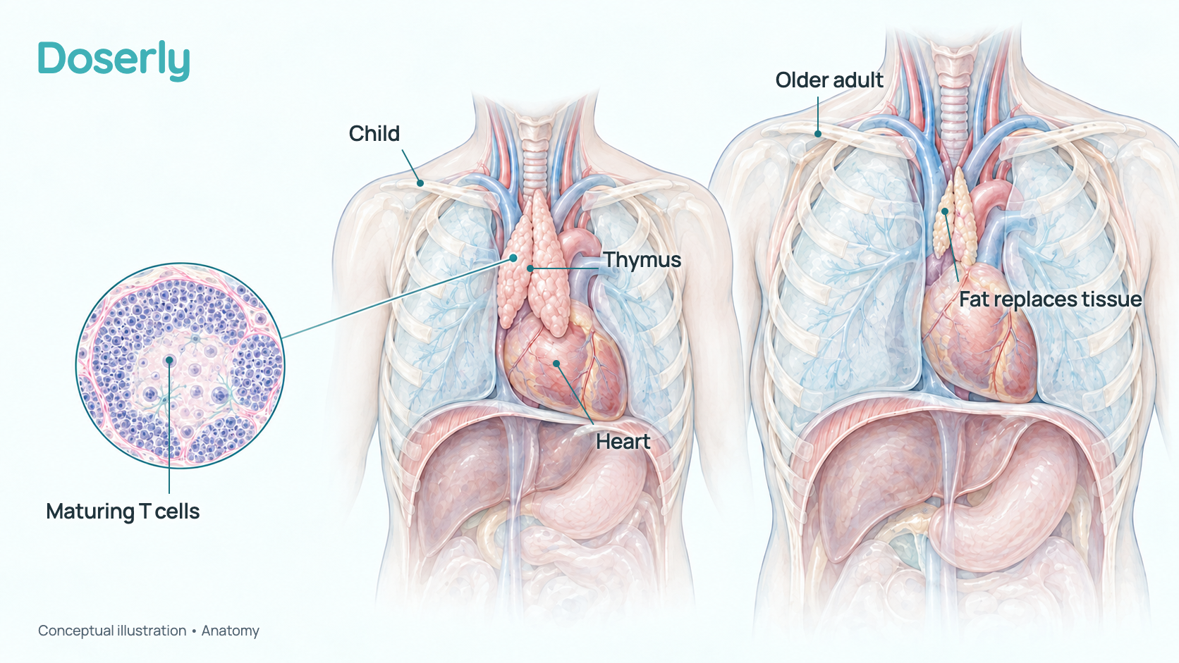 Illustration of the thymus in the upper chest behind the breastbone, large in a child and shrunken and replaced by fat in an older adult, with a cut-away showing T cells maturing inside it.
