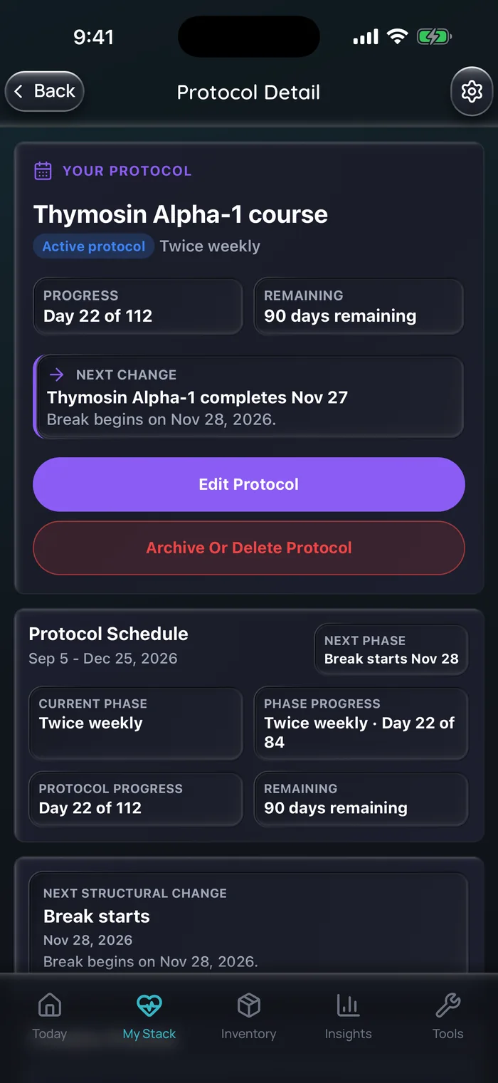 Capture de l’app Doserly (interface en anglais), données d’exemple : détails d’une cure de thymosine alpha-1 au jour 22 sur 112, pendant la phase deux fois par semaine, avec 90 jours restants et une pause qui commence le 28 novembre.