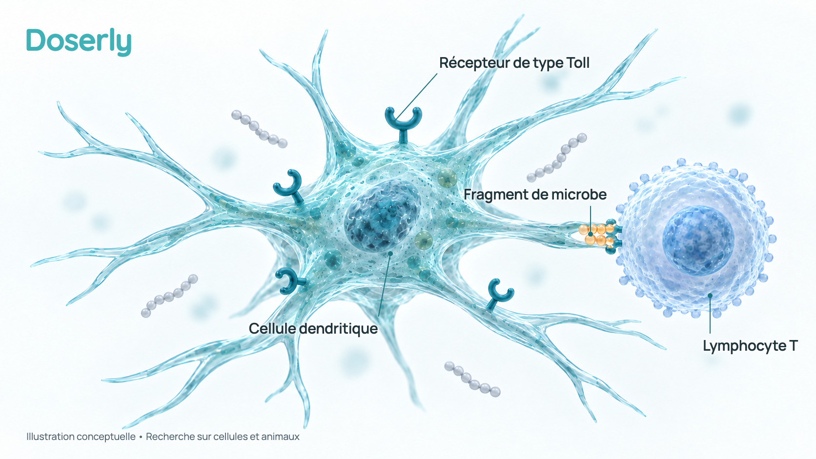Illustration conceptuelle d’une cellule dendritique portant des récepteurs de type Toll à sa surface, qui mûrit et présente un fragment de microbe à un lymphocyte T, lequel s’active. Elle représente des résultats sur cellules et chez l’animal, pas un effet mesuré chez une personne.