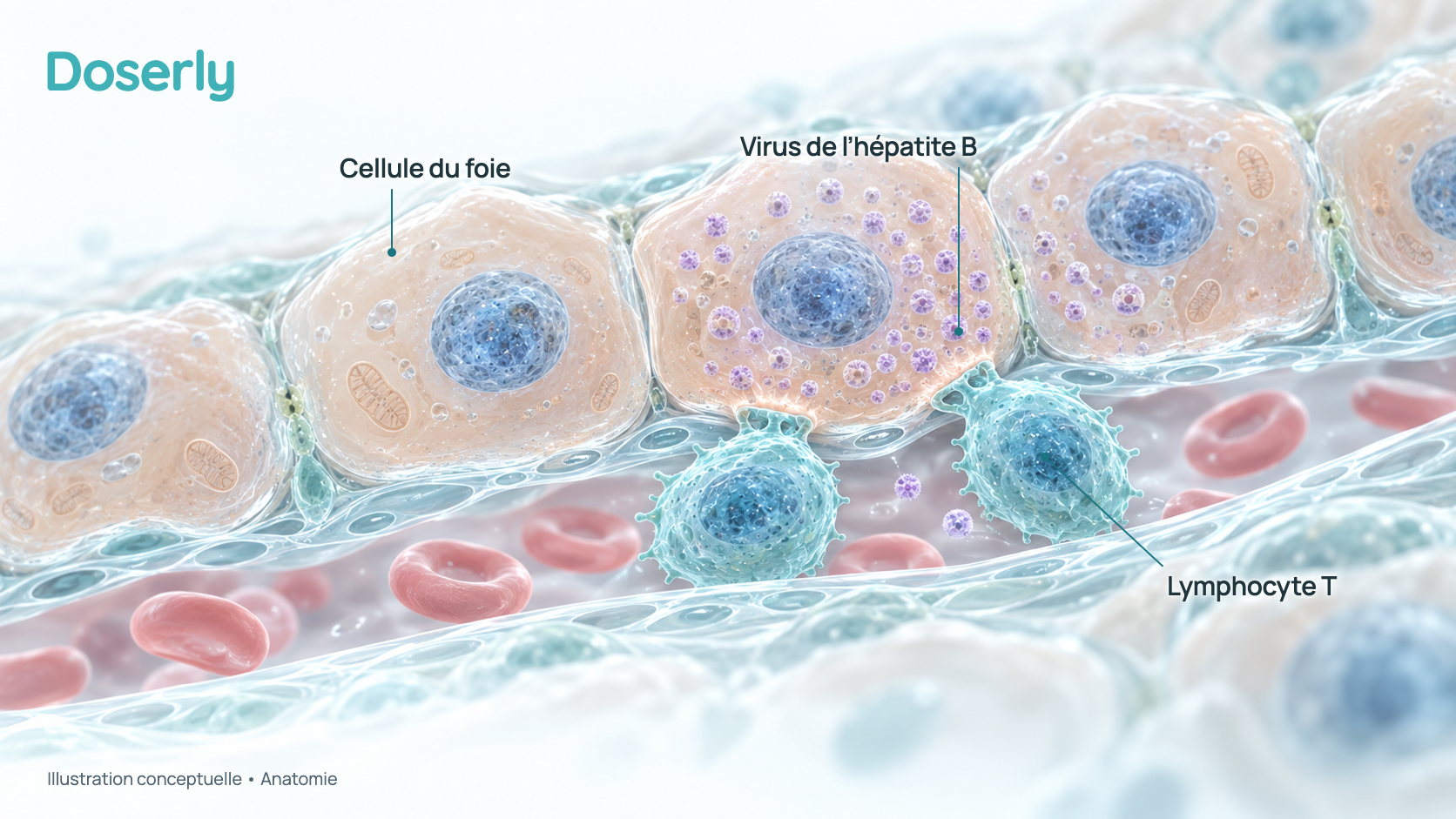 Illustration conceptuelle d’un tissu hépatique infecté par le virus de l’hépatite B, où des lymphocytes T attaquent les cellules infectées. Elle explique pourquoi un médicament qui stimule l’immunité a été essayé contre l’hépatite B et pourquoi les enzymes du foie peuvent augmenter brièvement; elle ne montre aucun effet mesuré de la thymosine alpha-1.