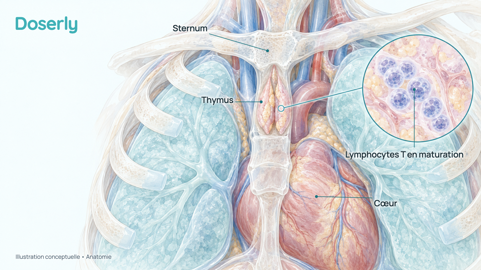 Vue conceptuelle du haut du thorax montrant le thymus, petite glande à deux lobes derrière le sternum et au-dessus du cœur, où mûrissent de jeunes lymphocytes T. Elle explique l’origine du nom du peptide; elle ne montre aucun effet de la thymosine alpha-1.