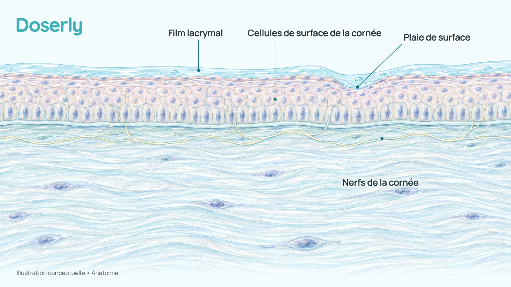 Coupe de l’avant de l’œil montrant le film lacrymal, la mince surface en couches de la cornée, de fins nerfs sous celle-ci et une petite plaie en surface. L’image montre l’anatomie, et non un effet de la thymosine bêta-4.