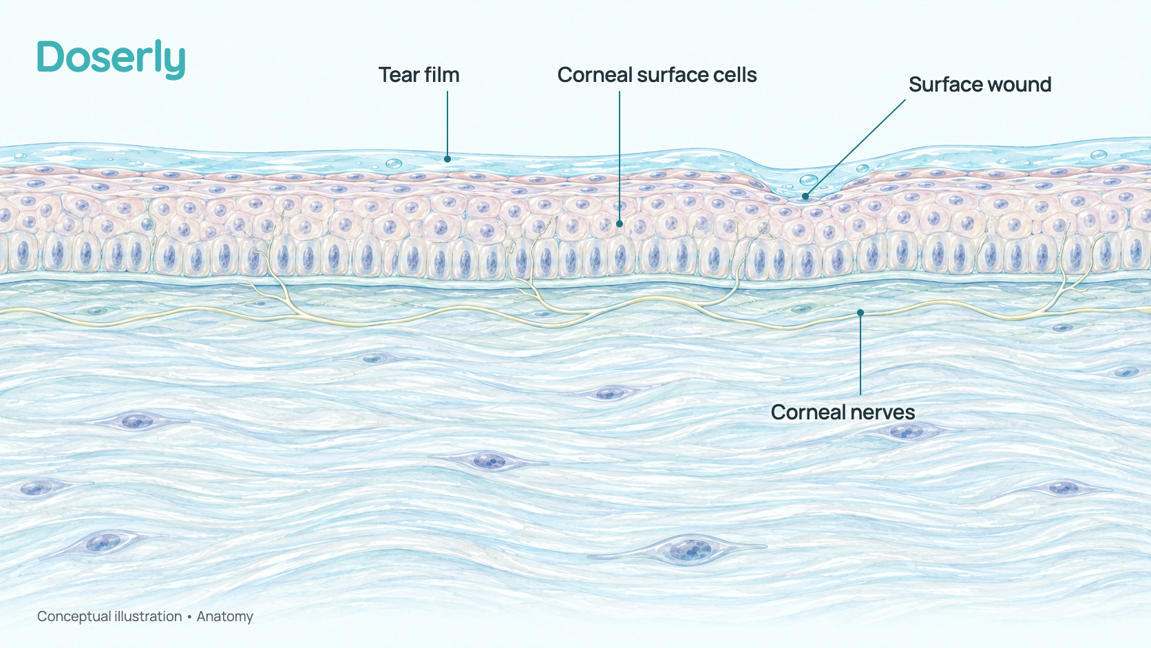 Cross-section of the front of the eye showing the tear film, the thin layered surface of the cornea, fine nerves beneath it and a small surface wound. It shows anatomy, not an effect of thymosin beta-4.