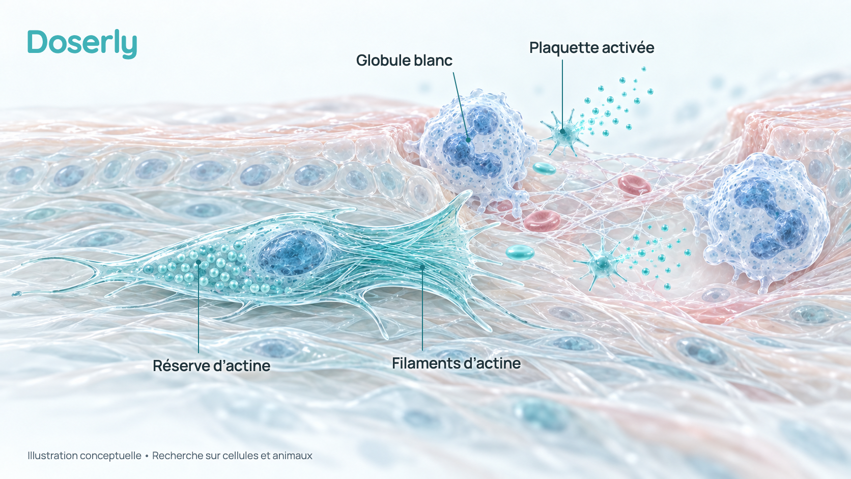Illustration conceptuelle de plaquettes et de globules blancs près d’une petite plaie de la peau : des plaquettes activées libèrent de la thymosine bêta-4, et une cellule voisine rampe vers la plaie grâce à des filaments d’actine. Les tailles ne sont pas à l’échelle; ce n’est ni une image de microscopie ni une preuve d’un effet chez l’humain.