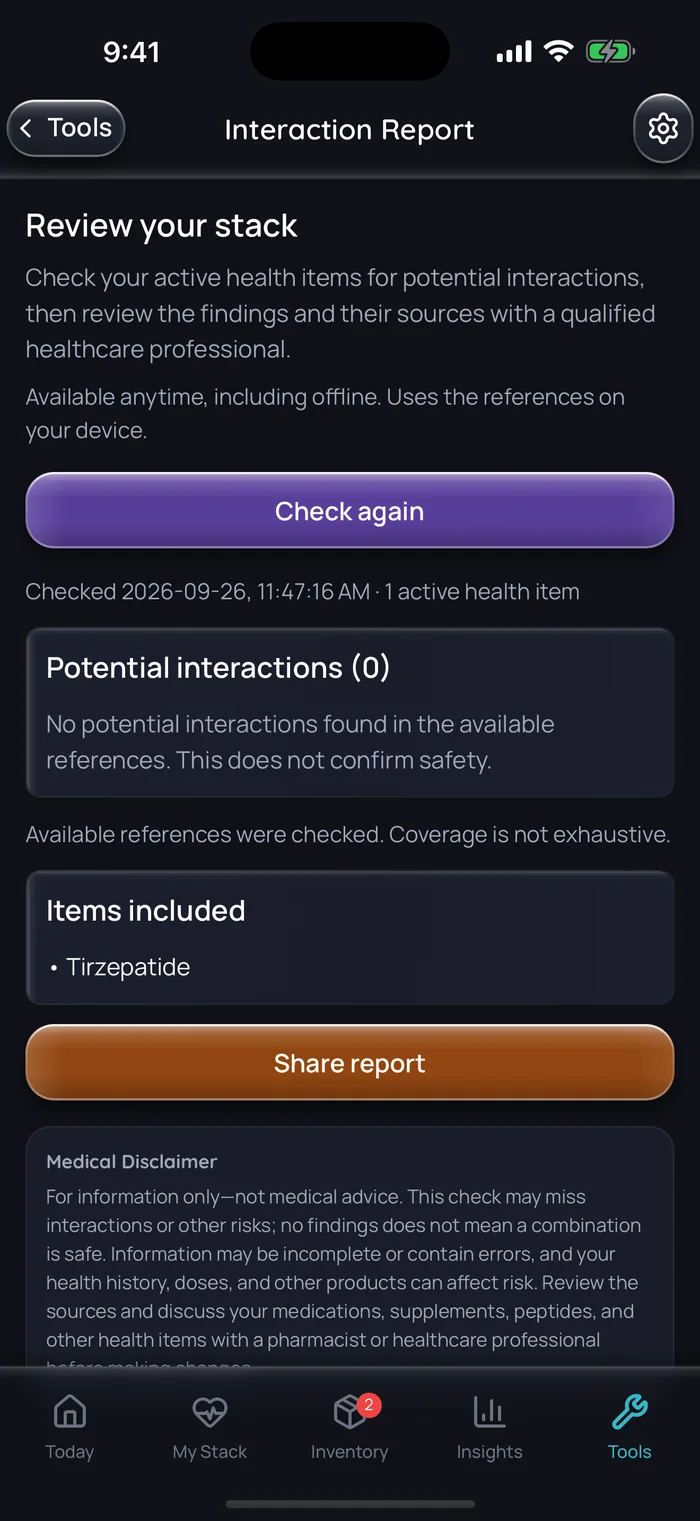 Capture de l’app Doserly (interface en anglais), données d’exemple : rapport d’interactions pour une routine qui ne contient que le tirzépatide, qui n’affiche aucune interaction possible dans les références disponibles et précise que cela ne confirme pas l’innocuité et que la couverture n’est pas exhaustive.