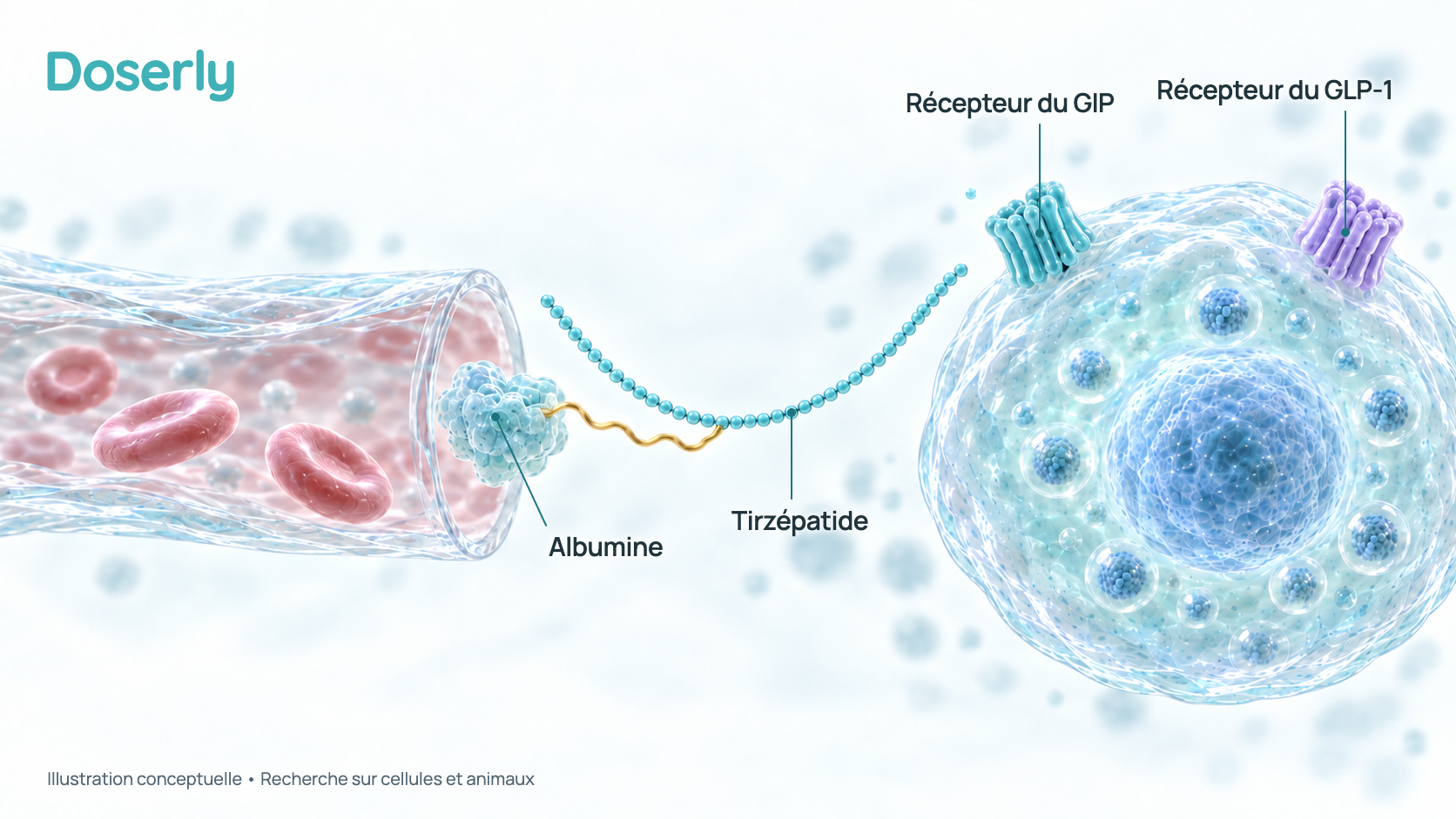 Illustration conceptuelle d’une molécule de tirzépatide, transportée par l’albumine, qui s’ajuste à la fois à un récepteur du GIP et à un récepteur du GLP-1 à la surface d’une cellule du pancréas productrice d’insuline. C’est un schéma simplifié, pas une image de microscopie ni une structure mesurée.
