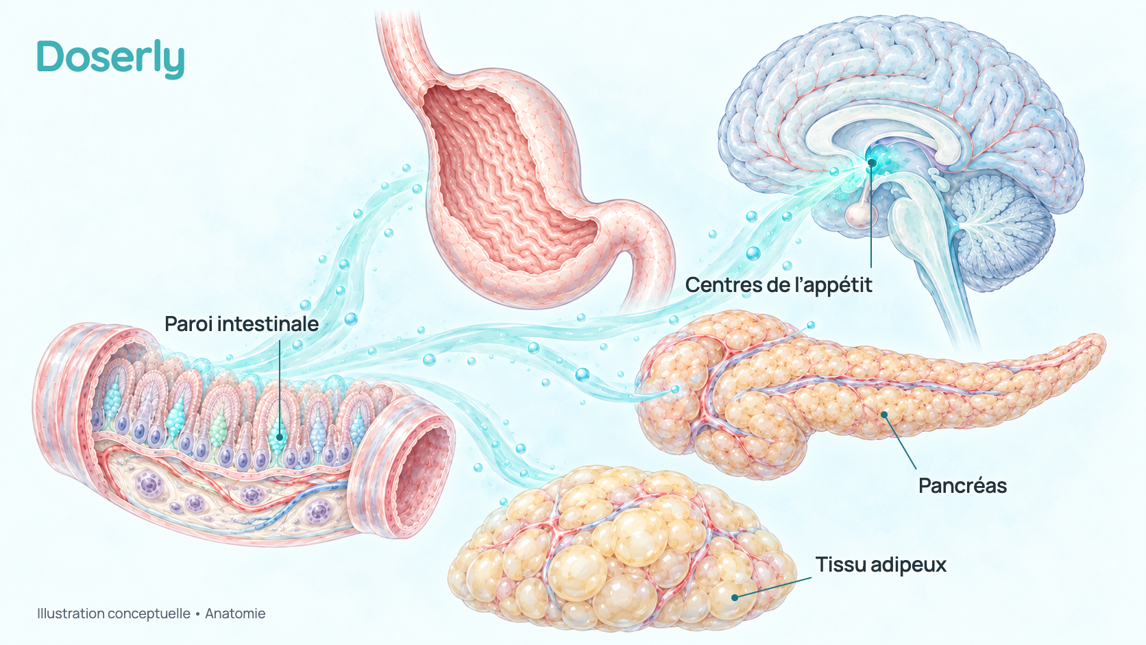 Illustration conceptuelle de la paroi de l’intestin grêle, de l’estomac, du pancréas, du tissu adipeux et des centres de l’appétit du cerveau, reliés par des voies de signalisation partant de la paroi intestinale : les endroits où le GIP et le GLP-1 sont libérés et où ils agissent. Elle montre l’anatomie, pas un effet mesuré du tirzépatide.
