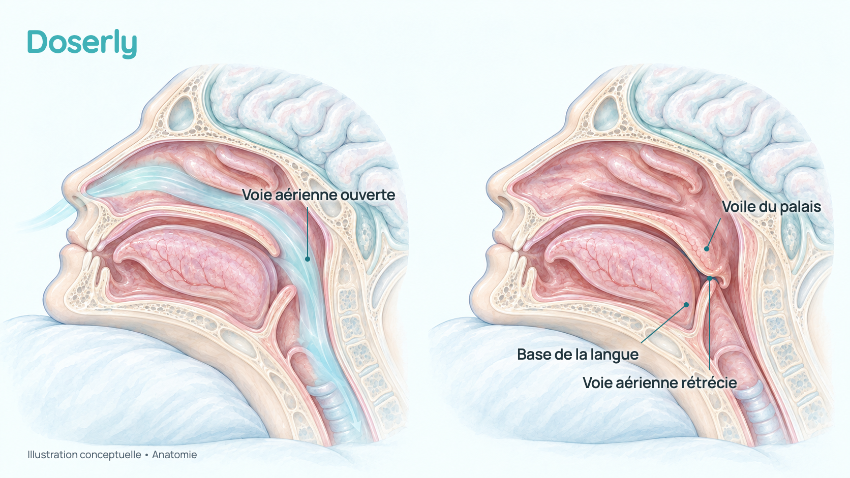 Illustration conceptuelle d’une vue de côté des voies respiratoires supérieures pendant le sommeil, comparant une gorge ouverte et une gorge rétrécie par les tissus mous, le problème que compte l’indice d’apnées-hypopnées. Elle explique ce qu’est l’apnée du sommeil; ce n’est pas un résultat mesuré du tirzépatide.