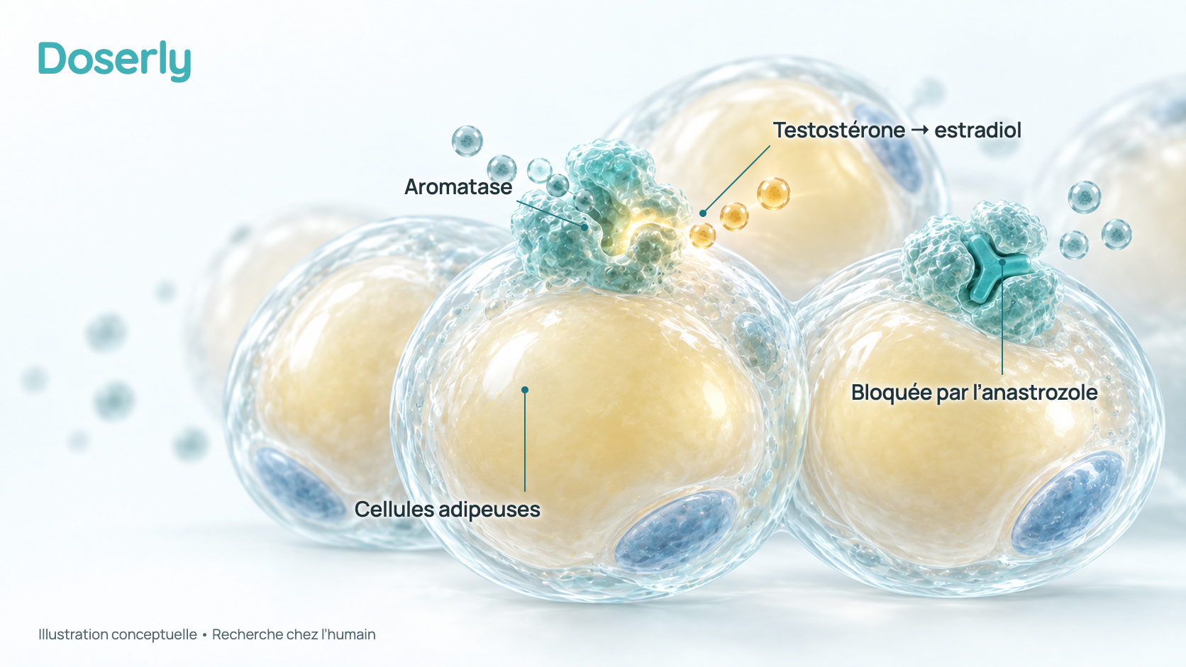 Illustration conceptuelle de cellules adipeuses dont les enzymes de surface transforment la testostérone en estradiol; certaines sont bloquées par l’anastrozole. Elle montre une action pharmacologique établie, pas un effet mesuré chez une personne.
