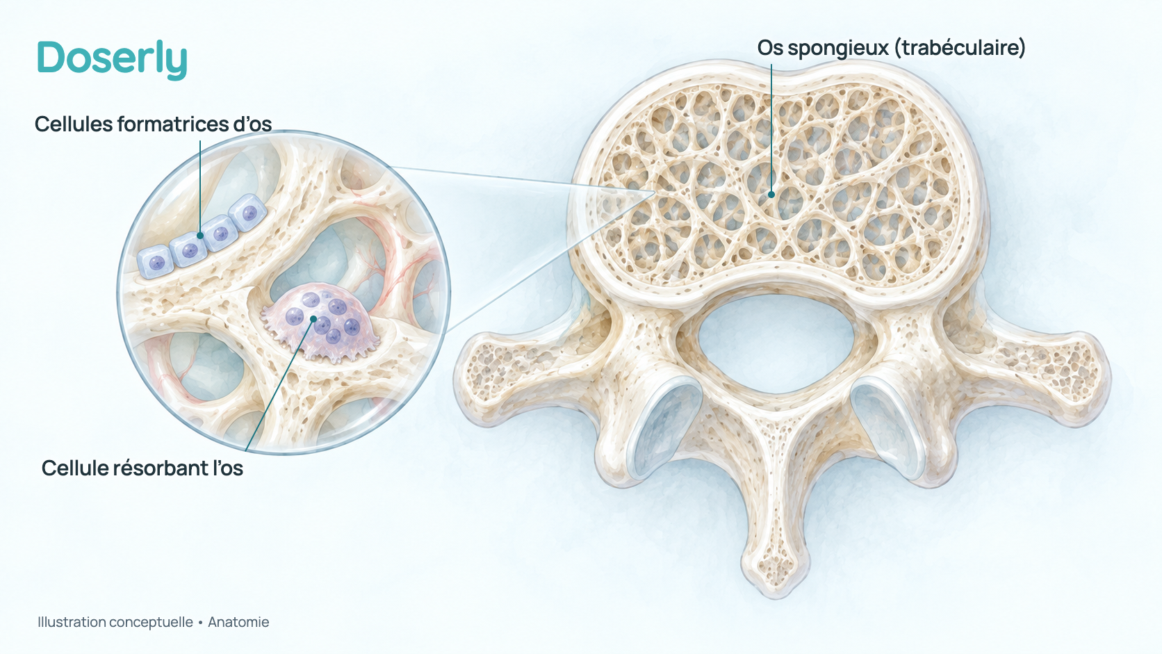 Coupe conceptuelle d’une vertèbre montrant l’os spongieux interne et, en gros plan, des cellules qui forment ou résorbent l’os. Elle explique l’anatomie, pas un changement osseux mesuré chez une personne.
