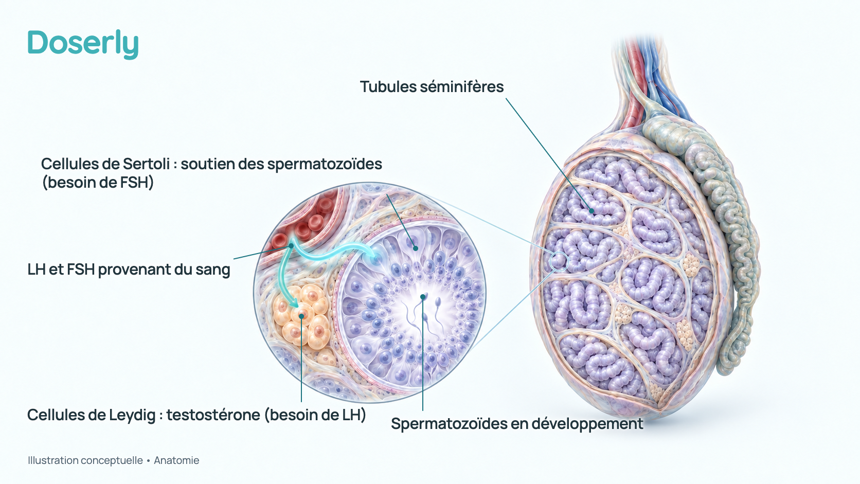 Illustration conceptuelle d’un testicule ouvert montrant ses tubules séminifères enroulés, avec un tubule agrandi : des cellules de Sertoli dans la paroi soutiennent les spermatozoïdes en développement, des cellules de Leydig se trouvent entre les tubules, et la LH et la FSH arrivent d’un petit vaisseau sanguin. Elle explique l’anatomie, pas un effet mesuré.