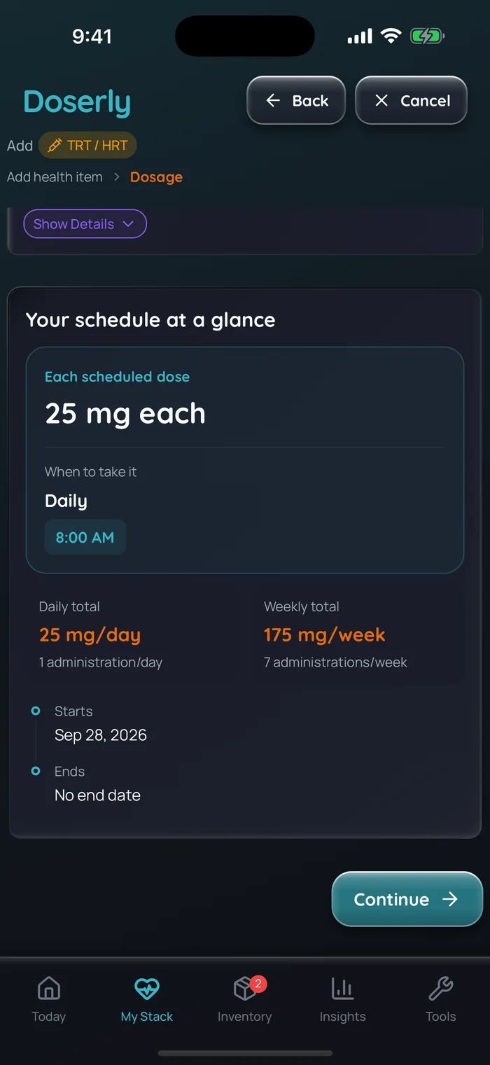 Écran de résumé du calendrier dans Doserly (interface en anglais) pour un exemple de crème de testostérone : 25 mg à chaque application, tous les jours à 8 h, un total quotidien de 25 mg et un total hebdomadaire de 175 mg.
