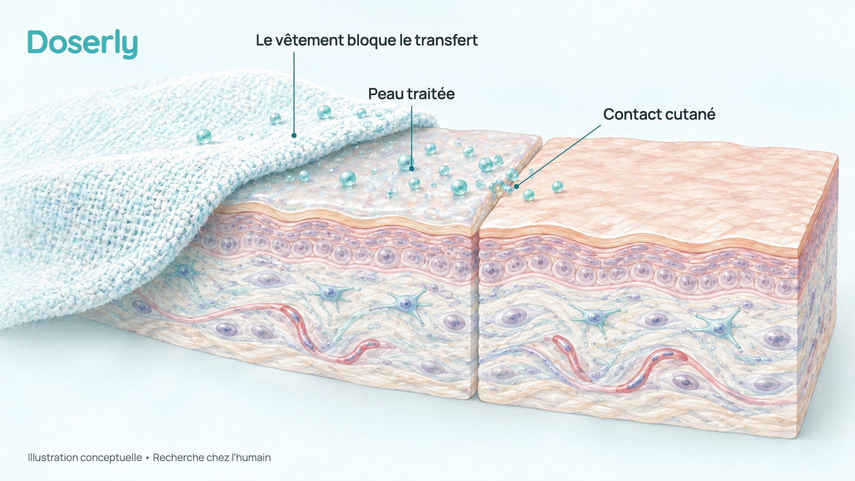 Illustration conceptuelle de la testostérone qui passe de la peau traitée à la peau d’une autre personne à un point de contact, une couche de vêtement bloquant une partie du transfert. Elle explique un concept, pas des quantités mesurées.