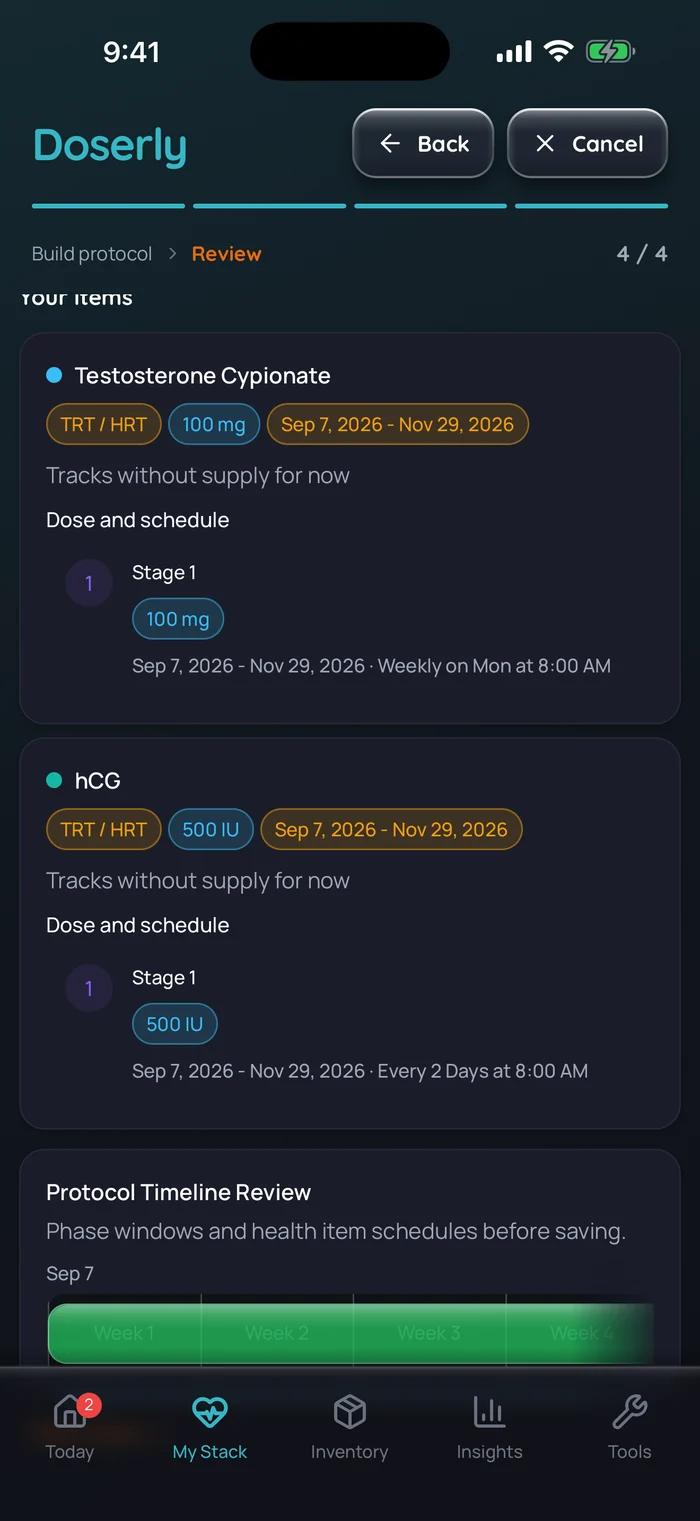 Révision du plan dans Doserly (interface en anglais) avec deux médicaments d’exemple, chacun sur son propre calendrier dans un même plan du 7 septembre au 29 novembre 2026 : cypionate de testostérone à 100 mg chaque semaine, le lundi à 8 h, et hCG à 500 UI tous les 2 jours à 8 h. Données d’exemple.