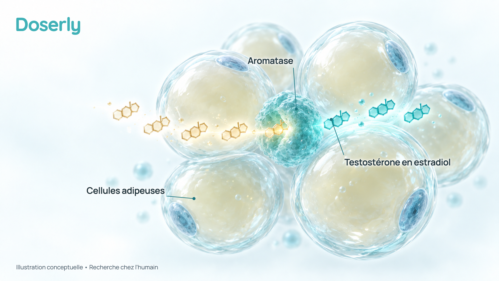 Illustration conceptuelle de cellules adipeuses souples et arrondies, avec une petite enzyme lumineuse entre elles, montrant des molécules de testostérone qui entrent et des molécules d’estradiol qui sortent. C’est un schéma d’un processus, pas de la microscopie.