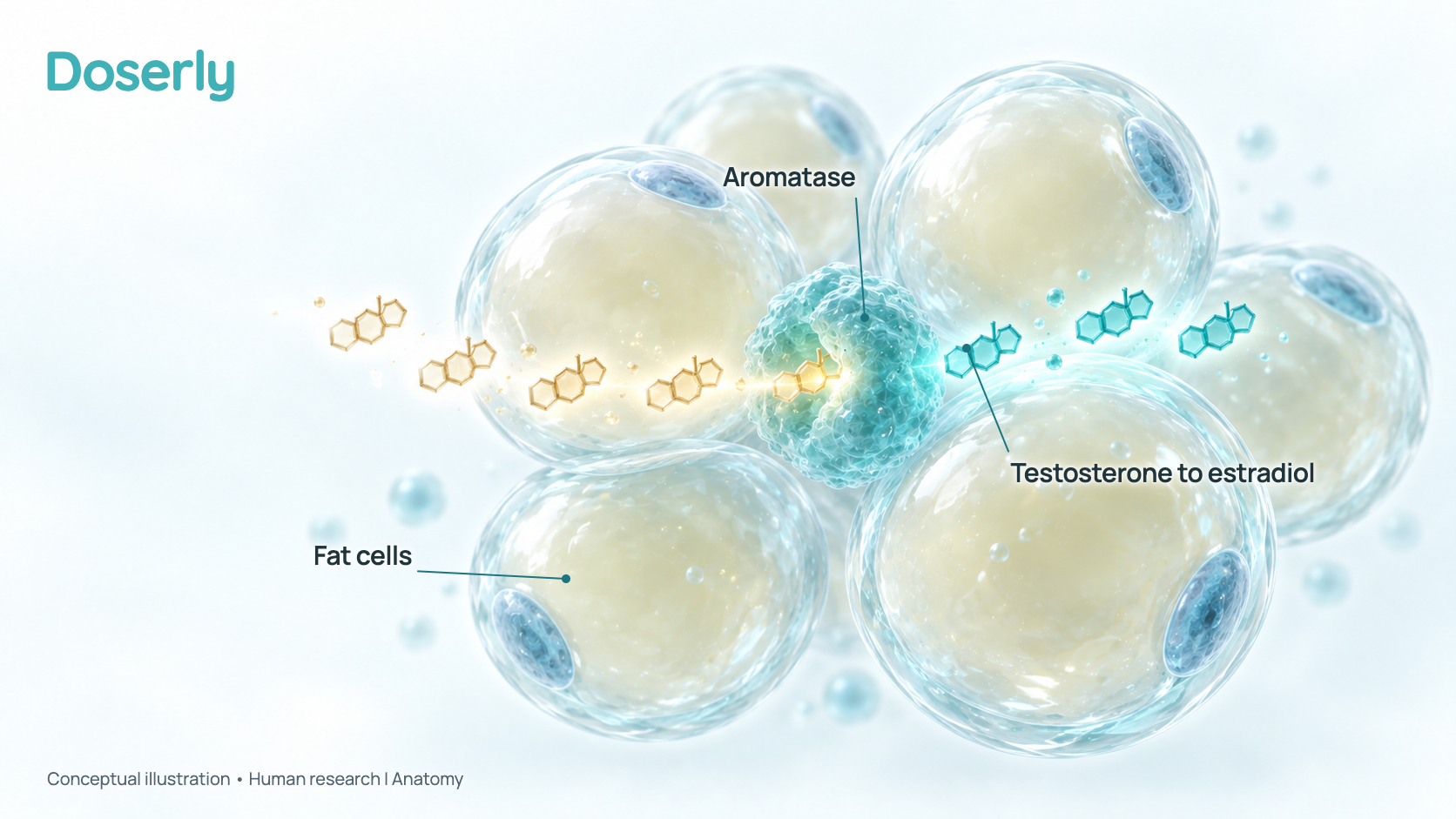 Conceptual illustration of soft, rounded fat cells with a small glowing enzyme between them, showing testosterone molecules entering and estradiol molecules leaving. It is a schematic of a process, not microscopy.