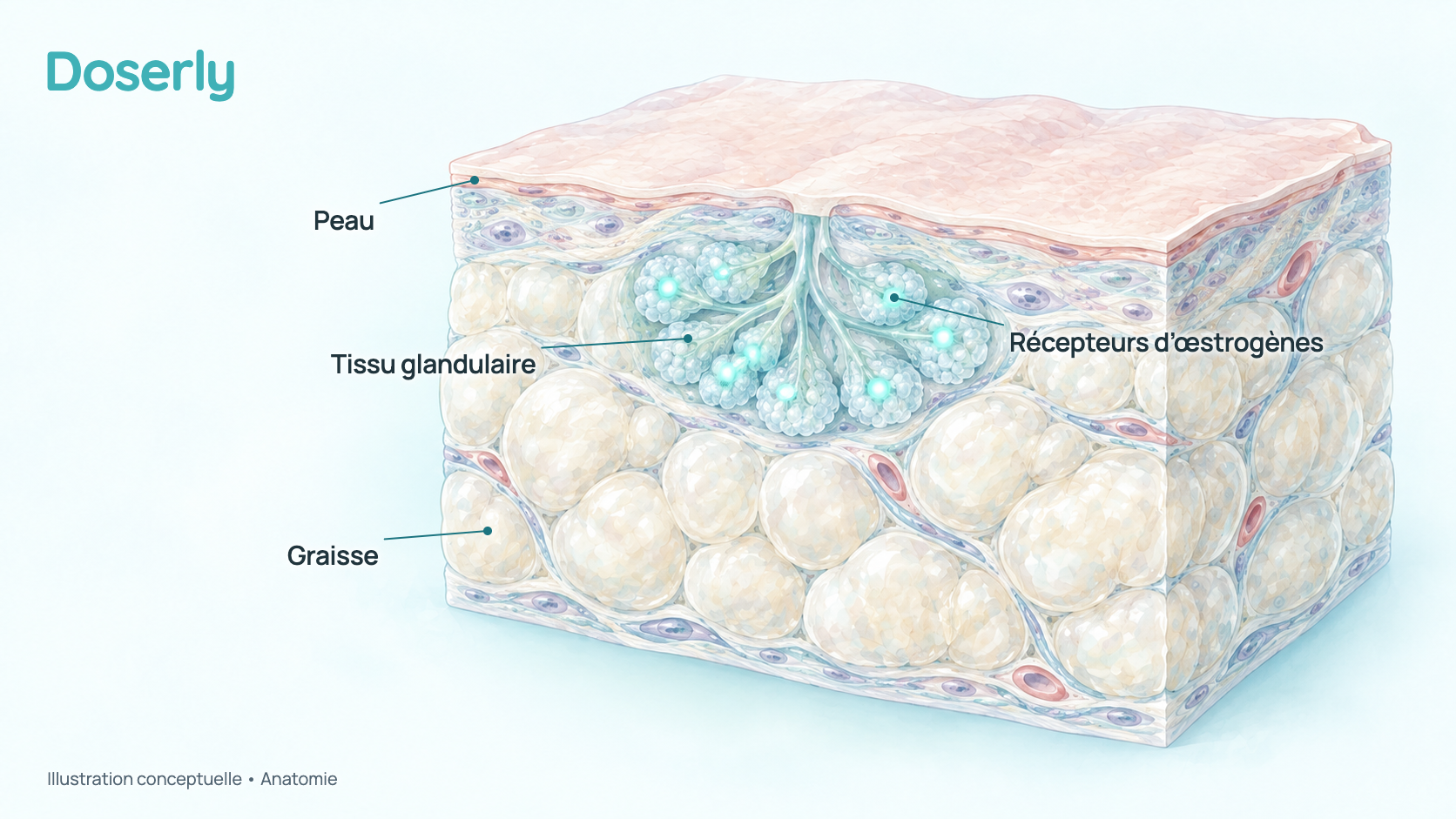 Coupe transversale conceptuelle des couches de tissu de la poitrine montrant la peau, la graisse molle et un petit disque de tissu glandulaire avec des points de récepteurs lumineux. Elle ne montre aucune personne ni anatomie identifiable et aucune quantité mesurée.