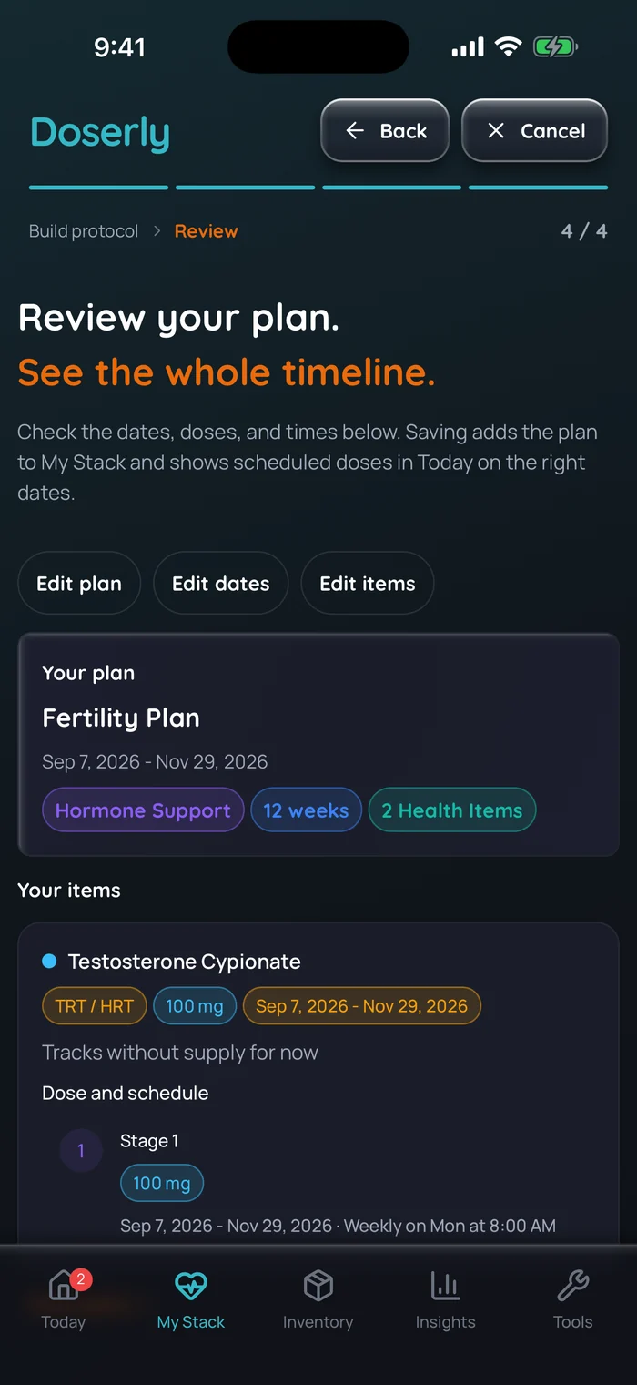 Révision du plan dans Doserly (interface en anglais), avec des données d’exemple : un plan de 12 semaines de soutien hormonal du 7 septembre au 29 novembre 2026, avec 2 éléments de santé.