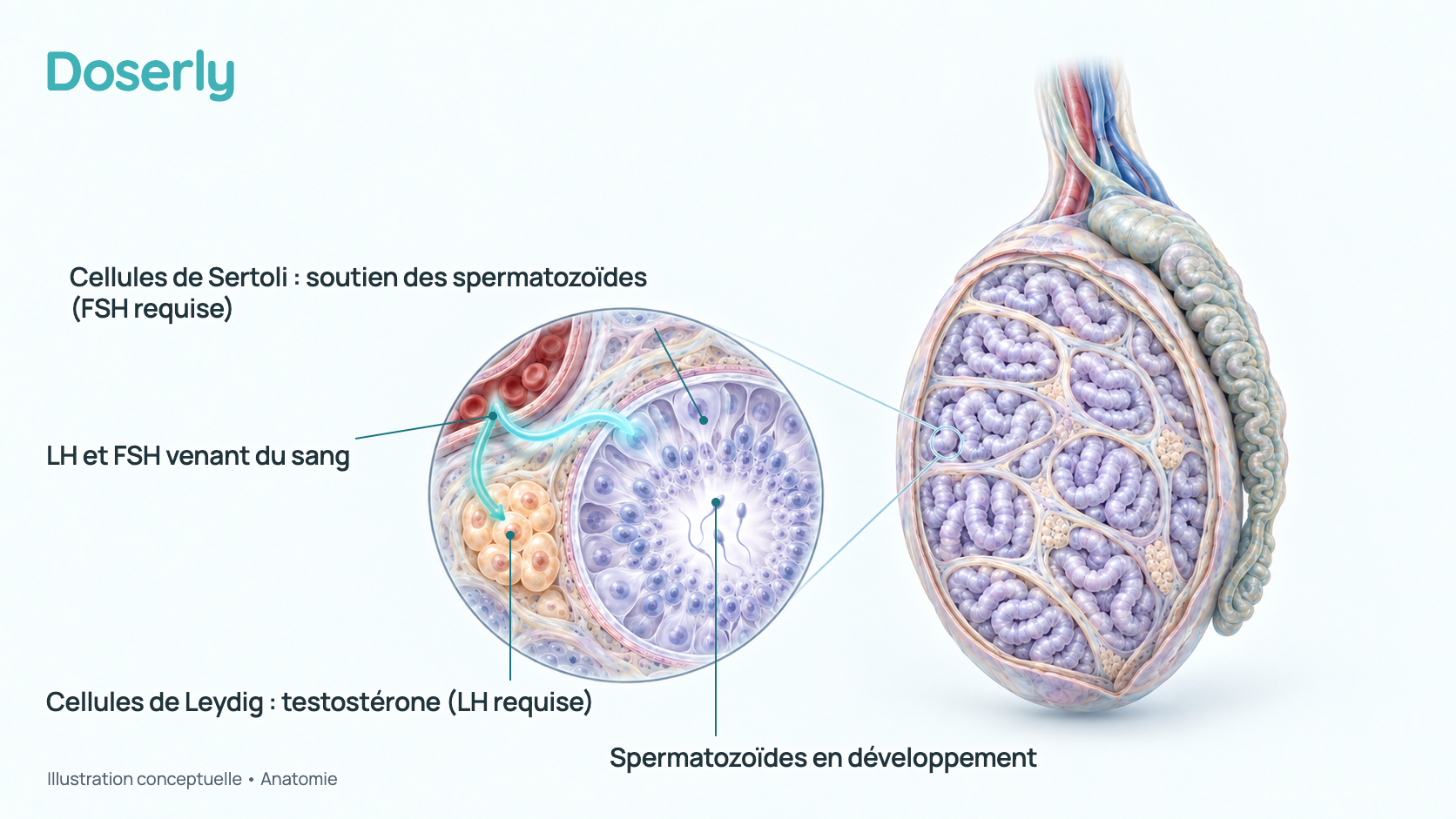 Illustration conceptuelle d’un testicule ouvert montrant ses tubules producteurs de spermatozoïdes, un tubule agrandi avec les cellules de Sertoli, qui soutiennent les spermatozoïdes, et des spermatozoïdes en développement, les cellules de Leydig, qui produisent la testostérone, entre les tubules, et des signaux de LH et de FSH qui arrivent par le sang. Elle montre l’anatomie, pas l’effet mesuré d’un médicament.