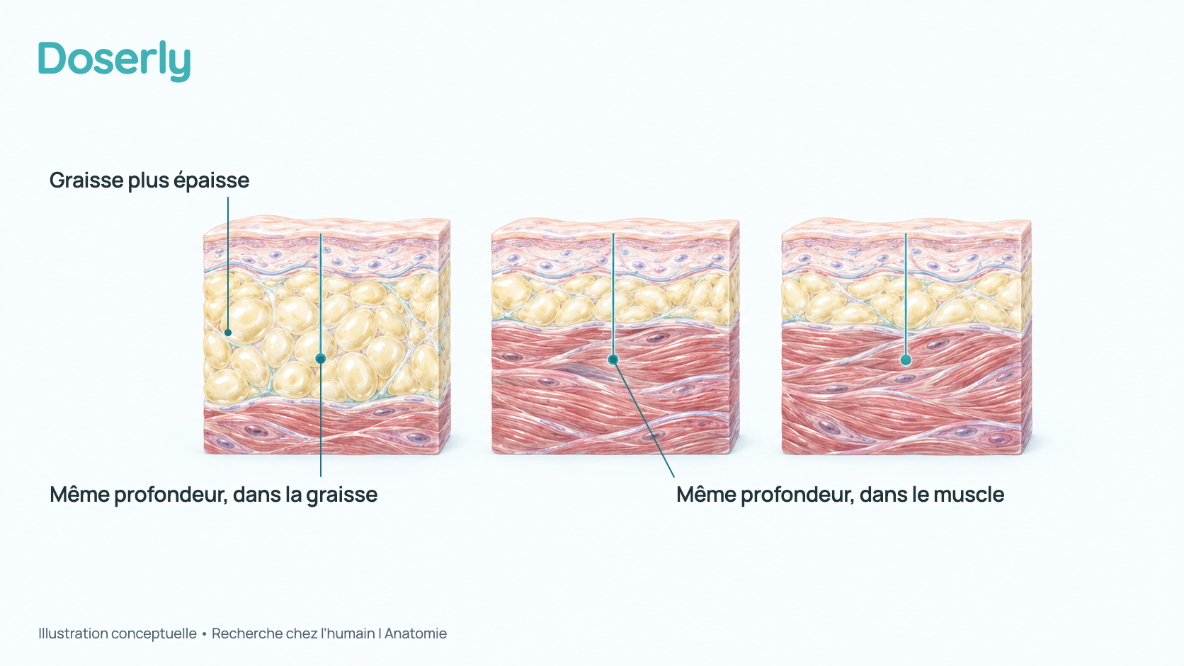Illustration conceptuelle de trois petites coupes de tissu côte à côte, chacune avec la peau en haut, une couche de graisse jaune et un muscle rouge en dessous; la couche de graisse est plus épaisse dans la première coupe et plus mince dans les deux autres. C’est un schéma qui n’est pas à l’échelle et qui ne montre aucune aiguille.