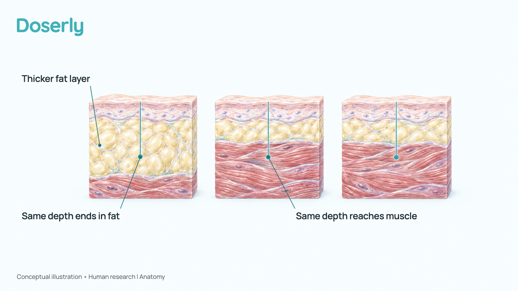 Conceptual illustration of three small tissue cross-sections side by side, each with skin on top, a yellow fat layer and red muscle below; the fat layer is thicker in the first section and thinner in the other two. It is schematic, not to scale, and shows no needle.