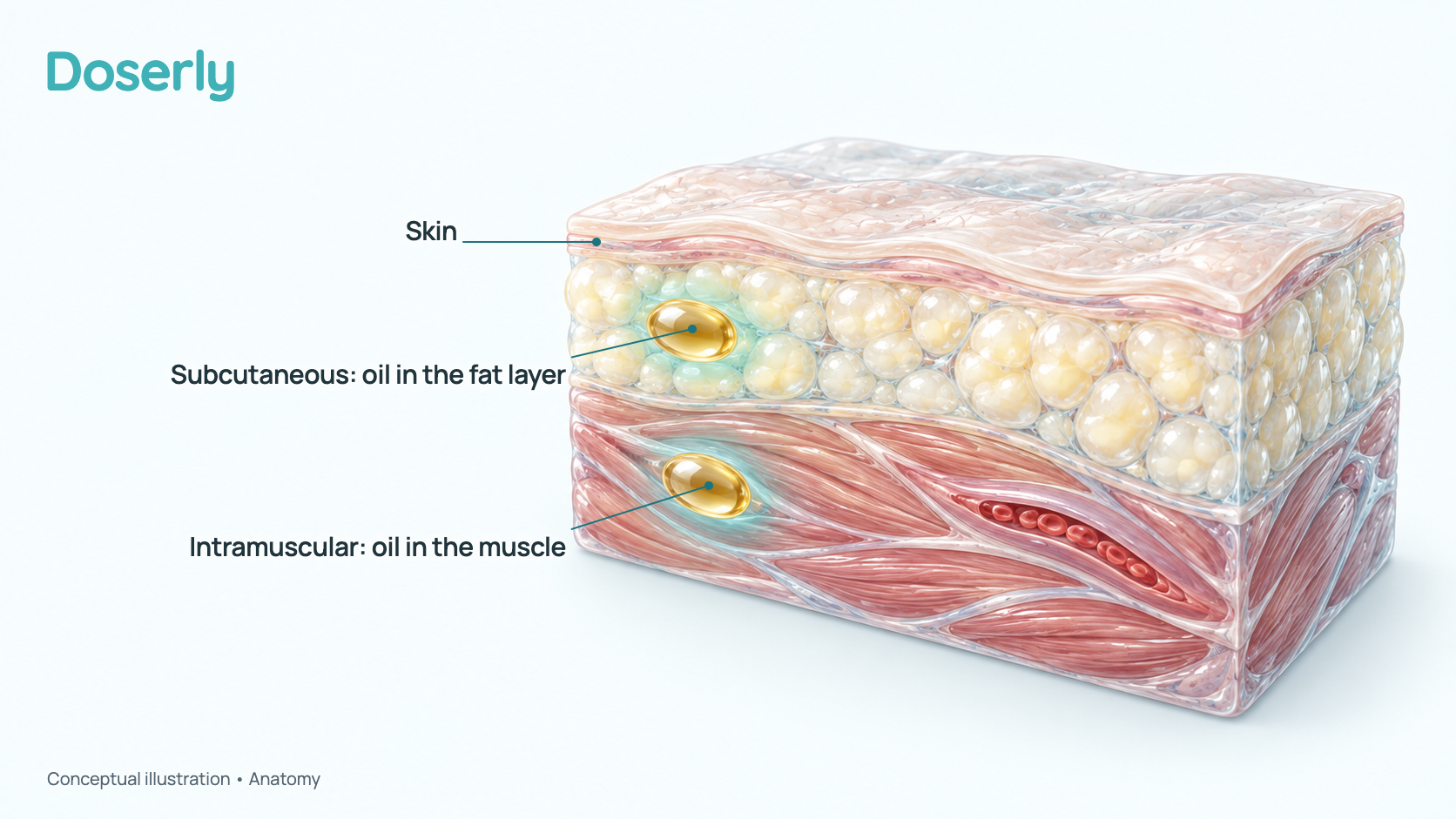 Conceptual cross-section of skin, a yellow fat layer and red muscle, with one small golden oil pool deep in the muscle and a second small oil pool in the fat layer. It is a schematic, not to scale, and shows no needle or product.
