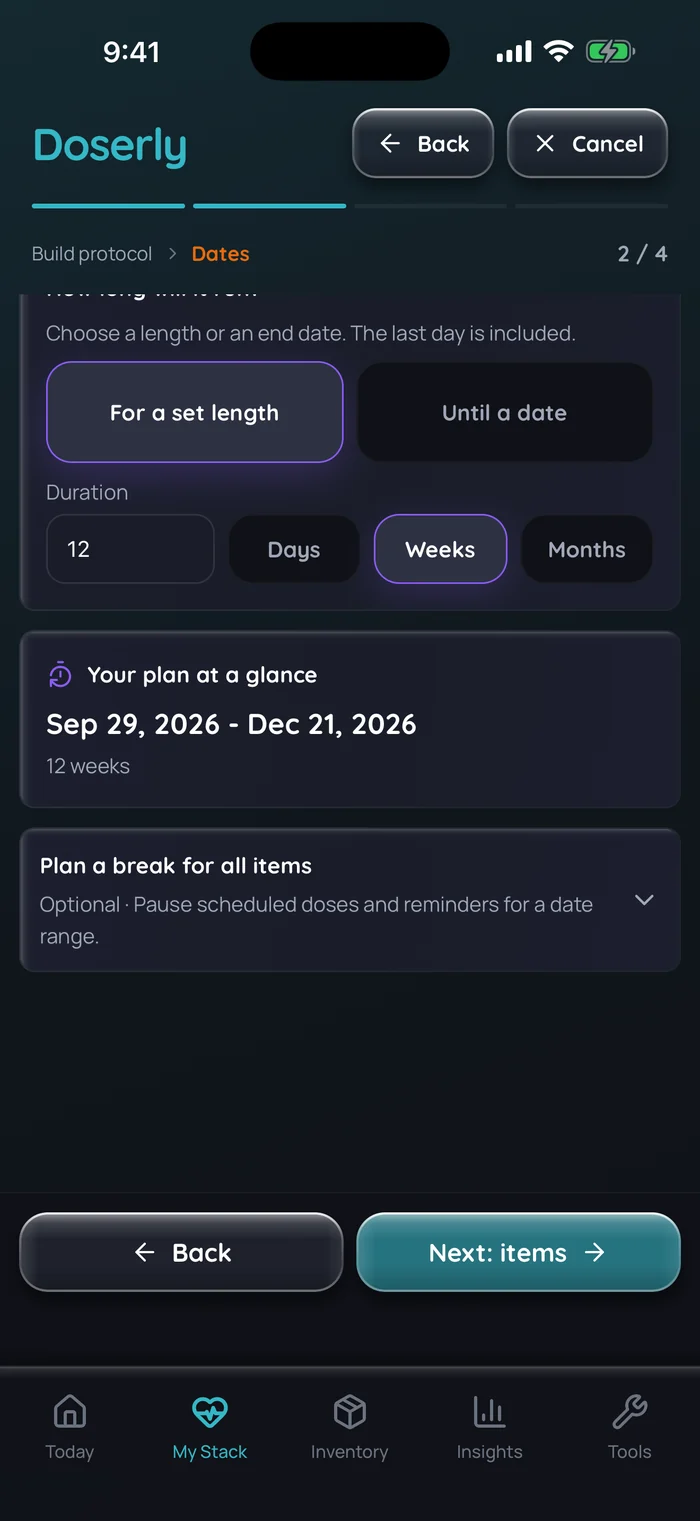 (Interface en anglais) Étape des dates du plan dans Doserly avec un plan donné en exemple d’une durée définie de 12 semaines, présentée en un coup d’œil du 29 septembre 2026 au 21 décembre 2026, avec une option pour planifier une pause. Données d’exemple.