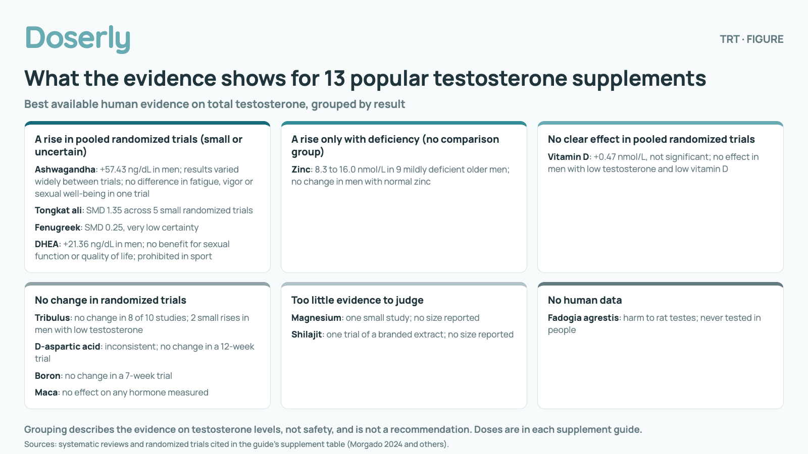 What the evidence shows for 13 popular testosterone supplements, grouped by result. A rise in pooled randomized trials (small or uncertain): Ashwagandha (+57.43 ng/dL in men; results varied widely between trials; no difference in fatigue, vigor or sexual well-being in one trial); Tongkat ali (SMD 1.35 across 5 small randomized trials); Fenugreek (SMD 0.25, very low certainty); DHEA (+21.36 ng/dL in men; no benefit for sexual function or quality of life; prohibited in sport). A rise only with deficiency (no comparison group): Zinc (8.3 to 16.0 nmol/L in 9 mildly deficient older men; no change in men with normal zinc). No clear effect in pooled randomized trials: Vitamin D (+0.47 nmol/L, not significant; no effect in men with low testosterone and low vitamin D). No change in randomized trials: Tribulus (no change in 8 of 10 studies; 2 small rises in men with low testosterone); D-aspartic acid (inconsistent; no change in a 12-week trial); Boron (no change in a 7-week trial); Maca (no effect on any hormone measured). Too little evidence to judge: Magnesium (one small study; no size reported); Shilajit (one trial of a branded extract; no size reported). No human data: Fadogia agrestis (harm to rat testes; never tested in people). Grouping describes the evidence on testosterone levels, not safety, and is not a recommendation. Doses are in each supplement guide.
