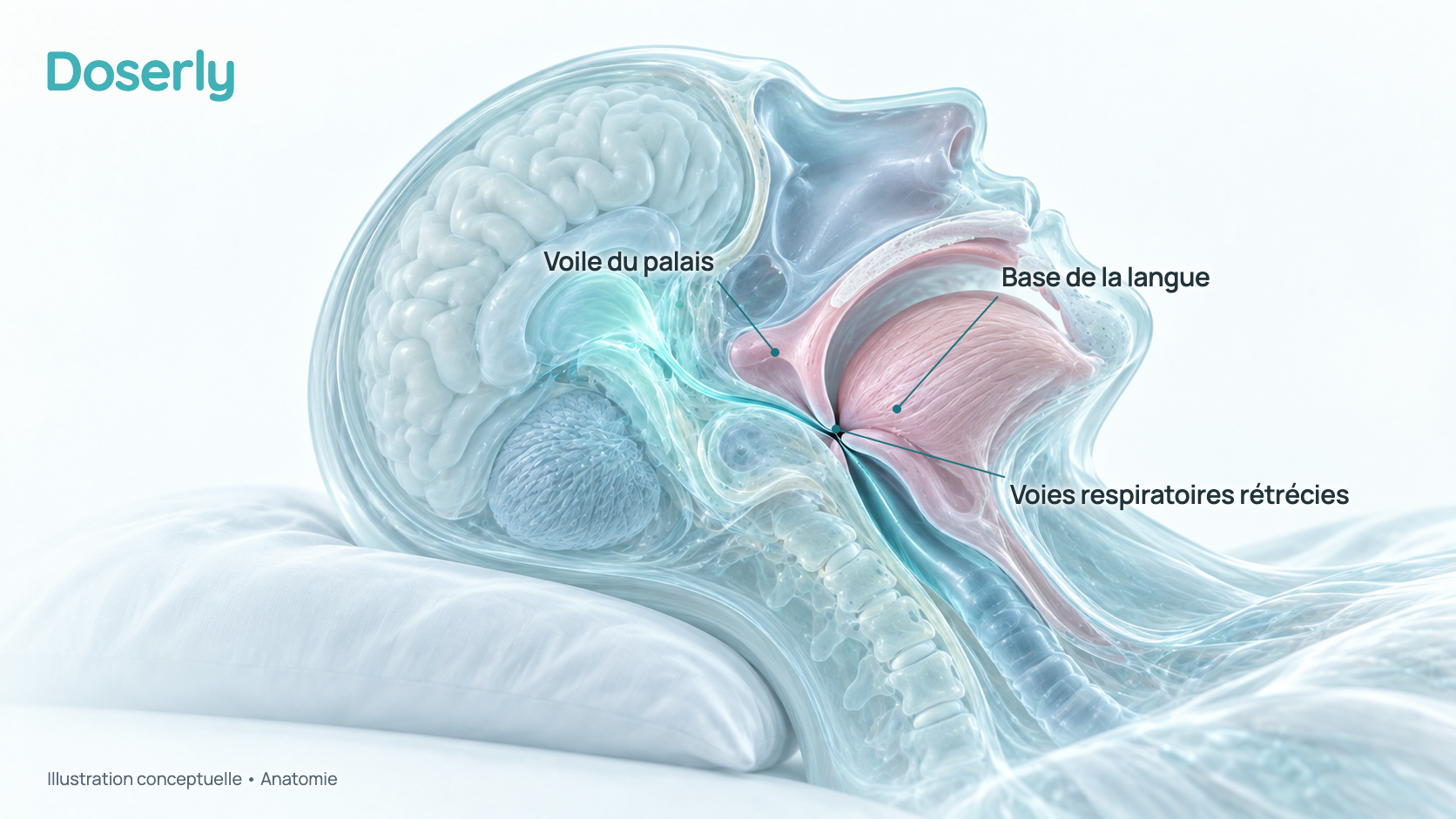 Coupe conceptuelle, vue de côté, de la tête et du cou pendant le sommeil, montrant le voile du palais et la base de la langue qui rétrécissent les voies respiratoires derrière eux. C’est un schéma de l’anatomie, pas une imagerie ni un résultat mesuré.