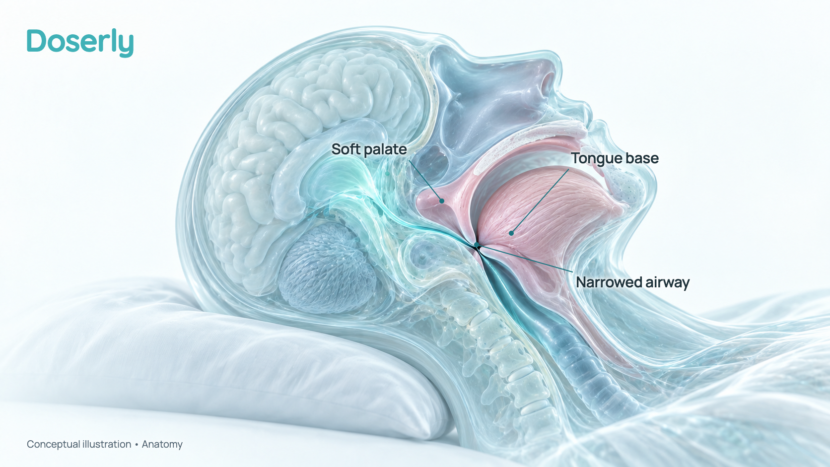 Conceptual side-view cross-section of the head and neck during sleep, showing the soft palate and tongue base narrowing the airway behind them. It is a schematic of anatomy, not a scan or a measured result.