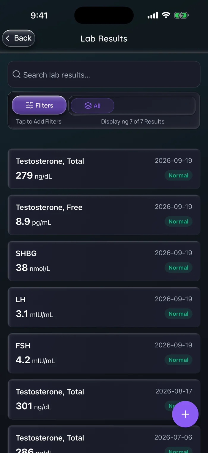 (Interface en anglais) Liste des résultats d’analyses de Doserly avec des entrées données en exemple du 19 septembre 2026 : testostérone totale de 279 ng/dL, testostérone libre de 8,9 pg/mL, SHBG de 38 nmol/L, LH de 3,1 mIU/mL et FSH de 4,2 mIU/mL, puis des résultats antérieurs de testostérone totale de 301 et de 286 ng/dL. Chacun est marqué « Normal » par rapport à la plage de référence propre au laboratoire.