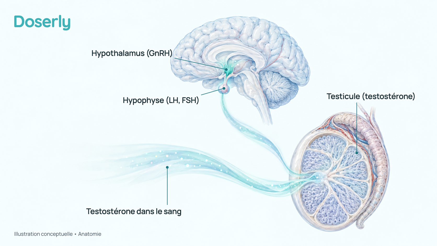 Illustration conceptuelle du cerveau et d’un testicule, avec un signal turquoise doux qui descend de l’hypothalamus et de l’hypophyse, à la base du cerveau, jusqu’au testicule. Elle montre la chaîne des signaux, et non un taux hormonal mesuré.