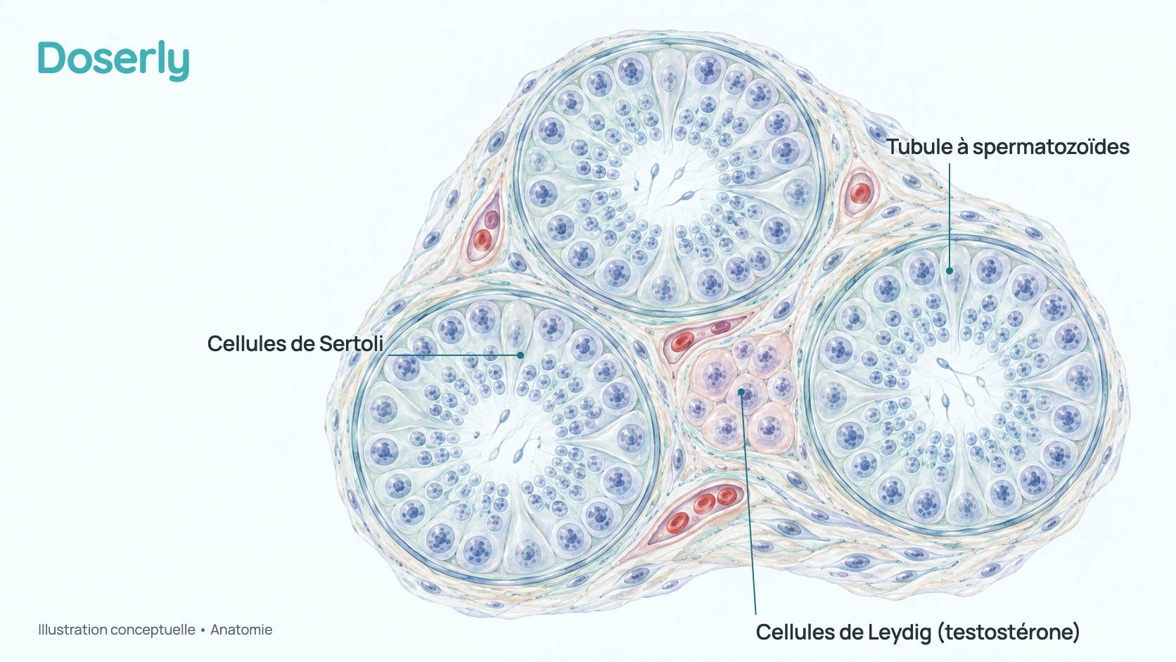 Illustration conceptuelle d’une coupe de tissu testiculaire : des tubules ronds qui fabriquent les spermatozoïdes, avec un petit groupe de cellules de Leydig dans l’espace qui les sépare. C’est un schéma, et non une image de microscopie.