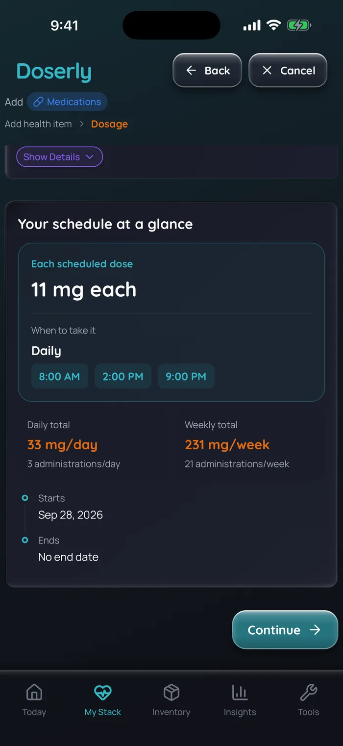 Résumé du schéma dans Doserly (interface en anglais) pour un exemple d’élément Natesto en gel nasal : 11 mg à chaque prise, tous les jours à 8 h, à 14 h et à 21 h, un total quotidien de 33 mg et un total hebdomadaire de 231 mg.