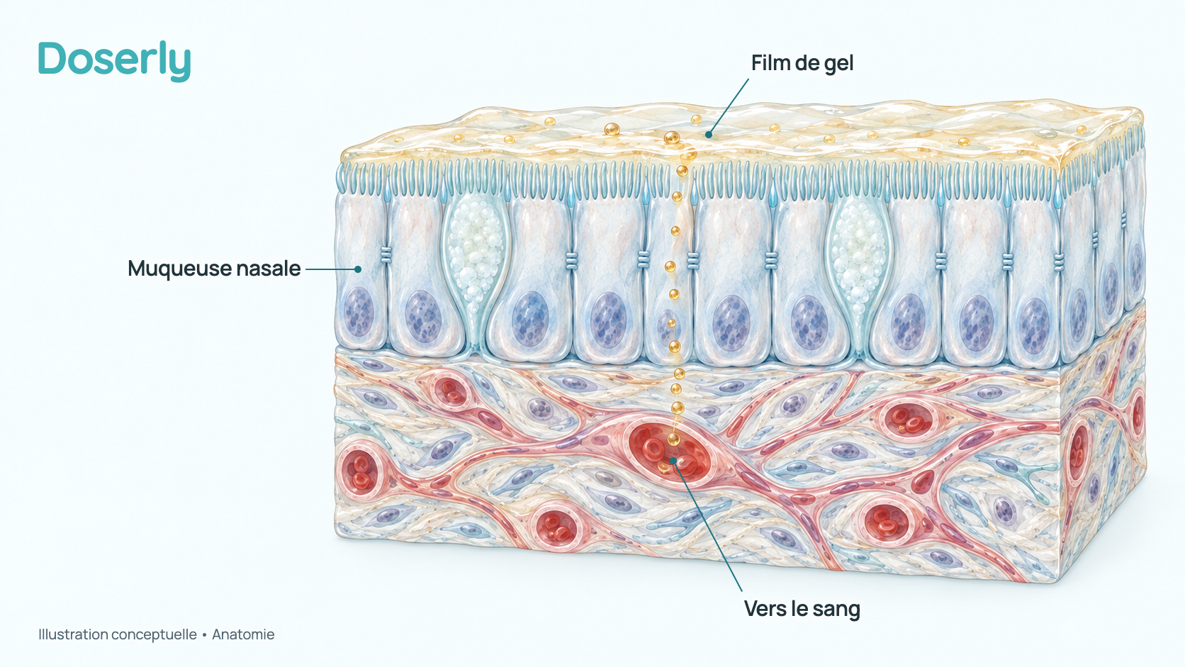 Coupe conceptuelle de la muqueuse humide à l’intérieur du nez, avec une mince couche de gel à sa surface et de la testostérone qui passe dans de petits vaisseaux sanguins situés en dessous. Elle montre l’anatomie, pas un effet mesuré du médicament.