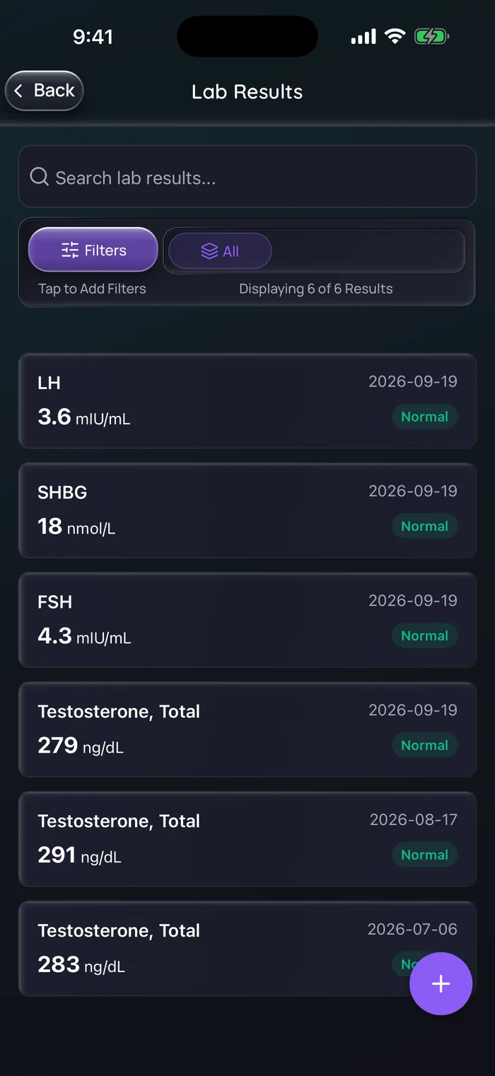 (Interface en anglais) Liste des résultats d’analyses de Doserly avec des entrées d’exemple du 19 septembre 2026 : LH 3,6 mUI/mL, SHBG 18 nmol/L, FSH 4,3 mUI/mL et testostérone totale 279 ng/dL, puis des résultats antérieurs de testostérone totale de 291 ng/dL le 17 août et de 283 ng/dL le 6 juillet, chacun marqué Normal par l’app selon une plage de référence de laboratoire par défaut. Données d’exemple seulement, et non de vrais résultats : une testostérone totale limite, avec une SHBG dans la partie inférieure de la plage par défaut et une LH et une FSH dans la plage, le genre de profil que décrit ce guide.