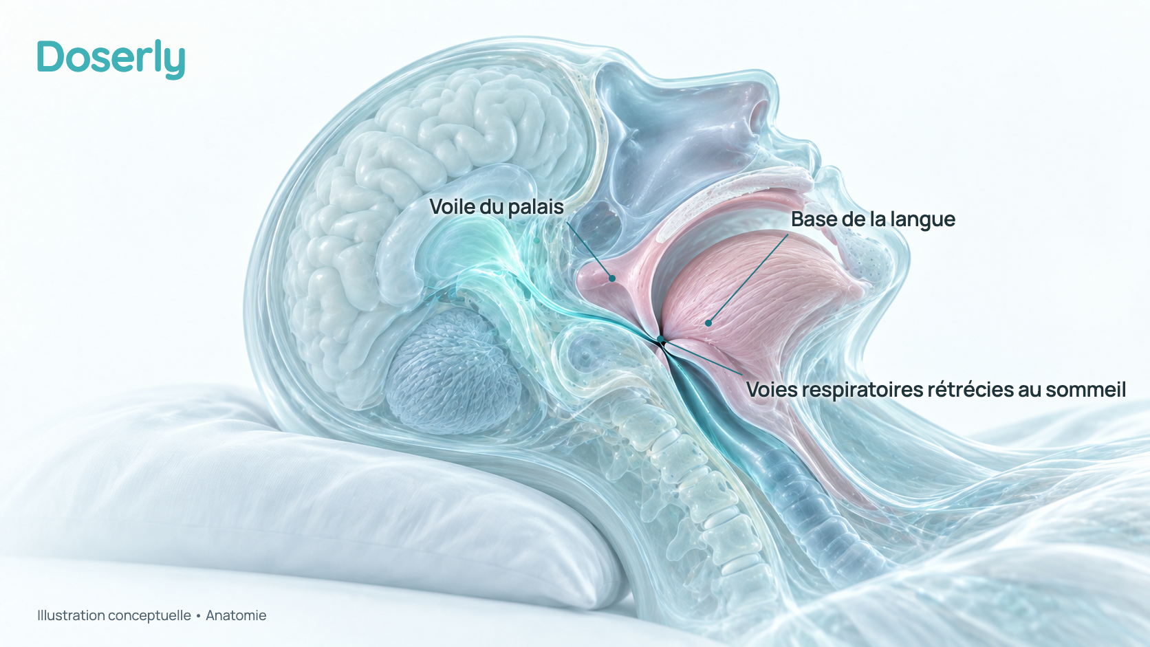 Illustration conceptuelle, en vue de profil, de la tête et de la gorge d’une personne couchée sur un oreiller, où le voile du palais et la base de la langue se relâchent vers l’arrière et rétrécissent les voies respiratoires pendant le sommeil. C’est un schéma de l’anatomie, et non un examen d’imagerie, et il ne montre aucune valeur mesurée.