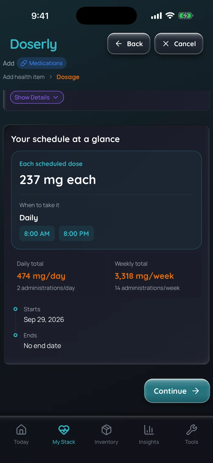 Sommaire du calendrier dans Doserly (interface en anglais) pour un exemple de capsule d’undécanoate de testostérone oral : 237 mg à chaque prise, tous les jours à 8 h et à 20 h, pour un total quotidien de 474 mg et un total hebdomadaire de 3 318 mg. Données d’exemple.