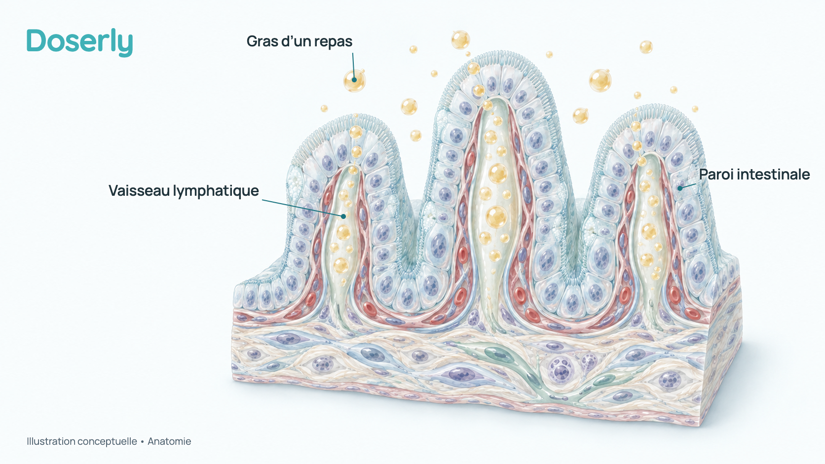 Gros plan conceptuel de replis en forme de doigts de la paroi de l’intestin grêle, avec des particules de gras qui transportent le médicament dans un vaisseau lymphatique central plutôt que dans les capillaires sanguins environnants. Il montre l’anatomie, pas une image de microscope.