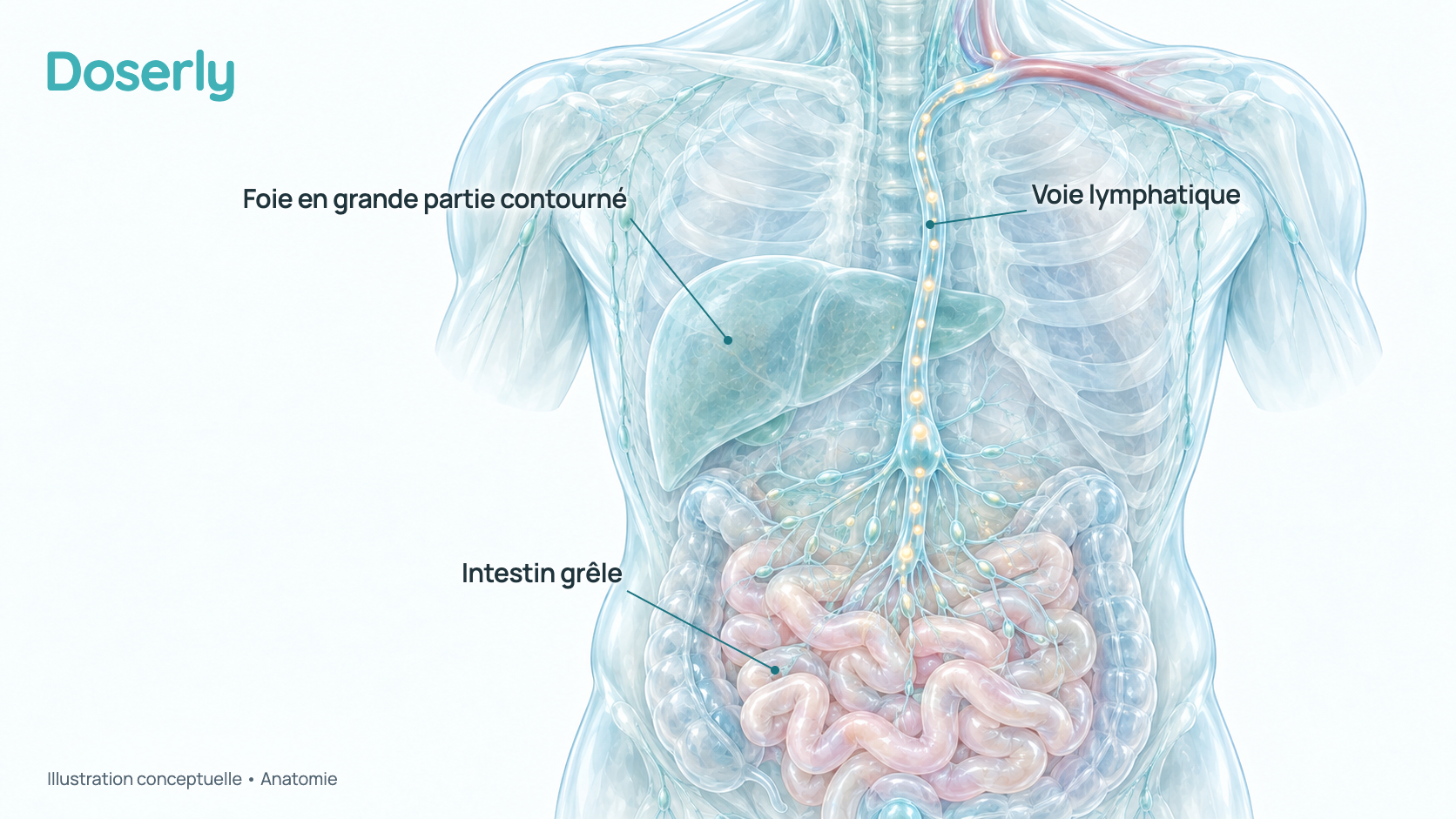 Illustration conceptuelle d’un tronc translucide montrant une dose avalée qui passe de l’intestin grêle aux vaisseaux lymphatiques, puis remonte jusqu’à une veine près de la clavicule, le foie étant en grande partie contourné. Elle montre l’anatomie, pas des taux de médicament mesurés.
