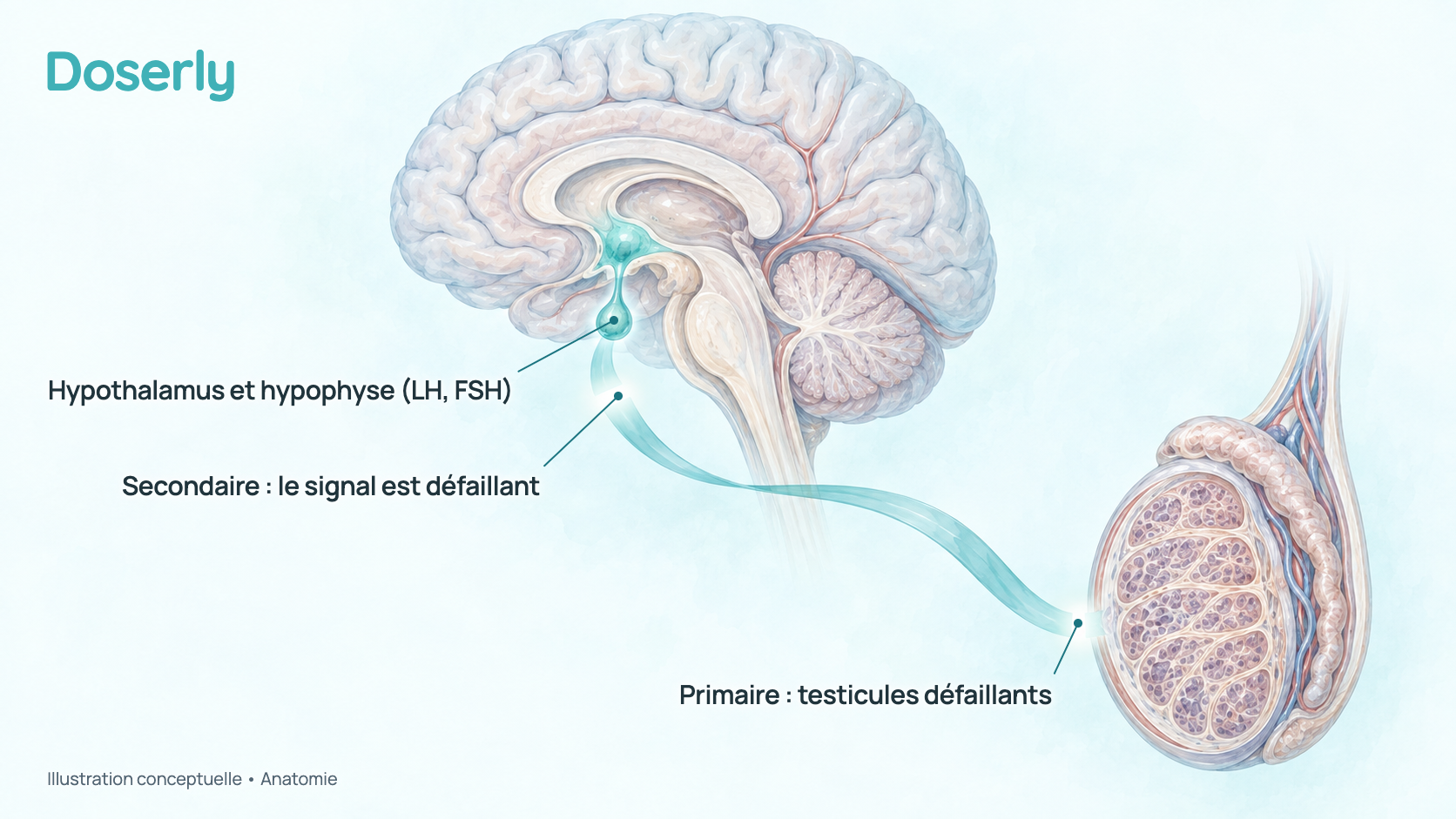Illustration conceptuelle du cerveau et d’un testicule reliés par un doux signal turquoise, avec une rupture juste sous l’hypophyse et une autre au testicule, qui montrent où l’hypogonadisme secondaire et l’hypogonadisme primaire interrompent la chaîne. C’est un schéma, et non un taux d’hormone mesuré.