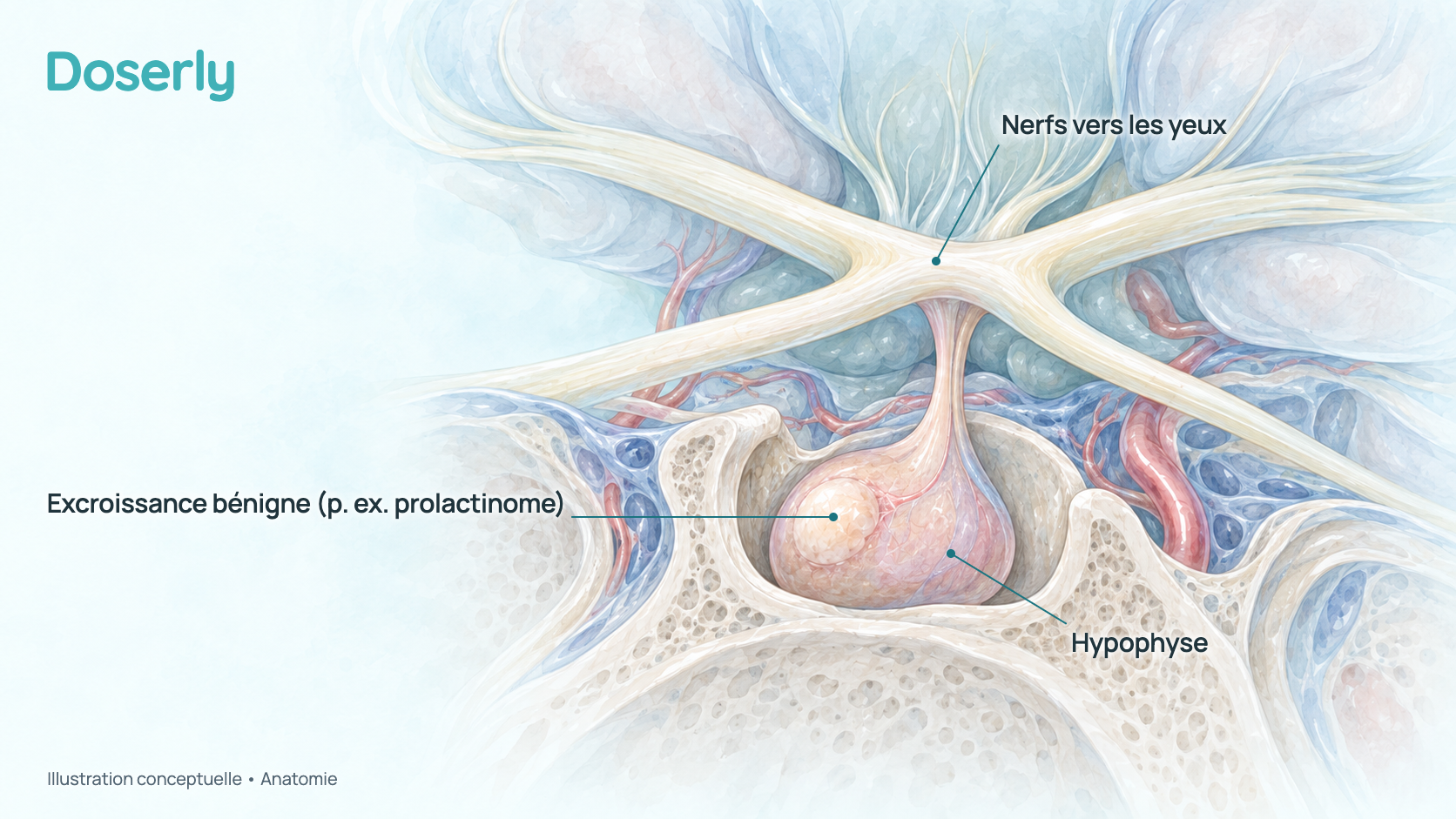 Illustration conceptuelle de l’hypophyse dans sa loge osseuse sous le cerveau, avec une petite excroissance bénigne arrondie à l’intérieur et les nerfs optiques qui se croisent juste au-dessus. C’est un schéma de l’anatomie, et non un examen d’imagerie.
