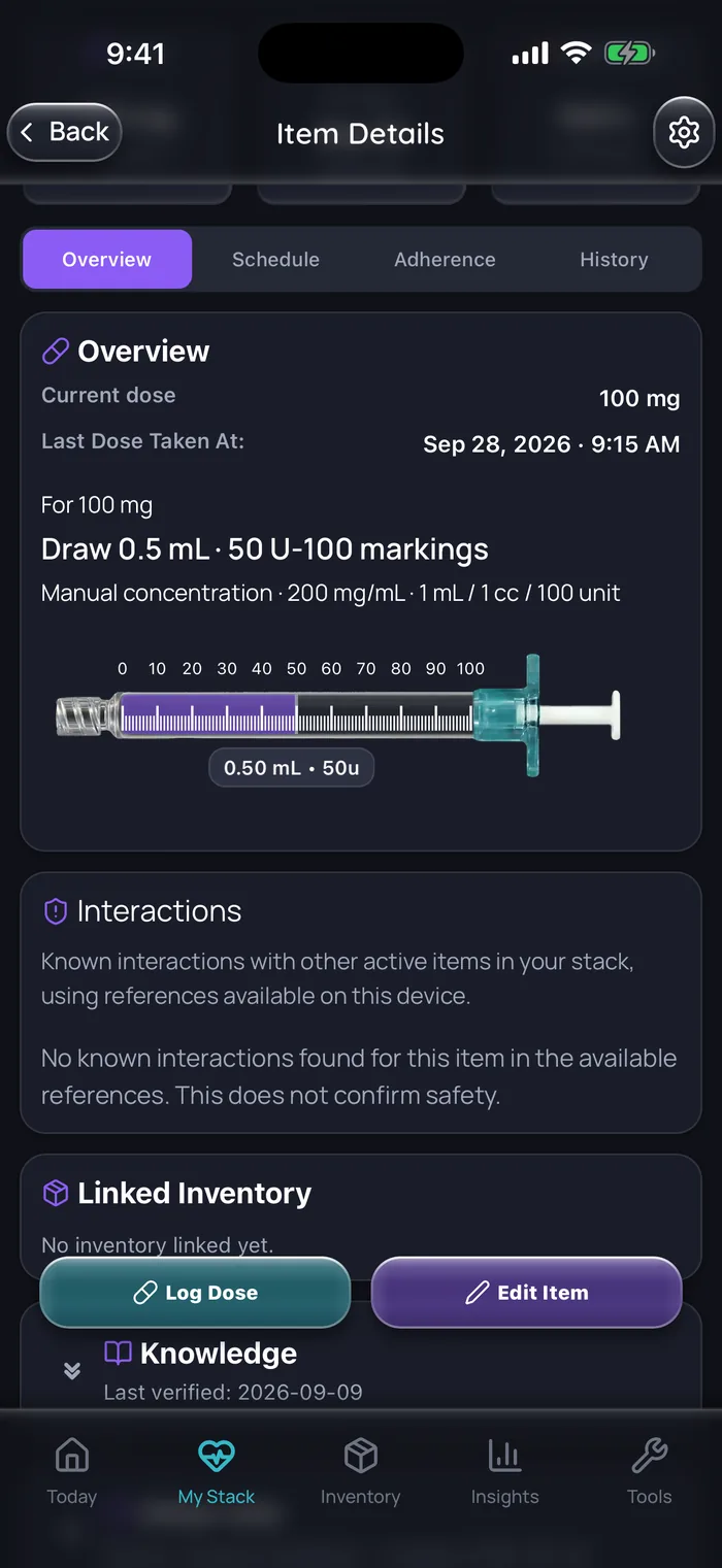 Doserly item details for an example testosterone cypionate schedule of 100 mg weekly at 200 mg/mL, showing 0.5 mL, or 50 units on a U-100 syringe, with a syringe drawing and the first dose logged on Sep 28, 2026.