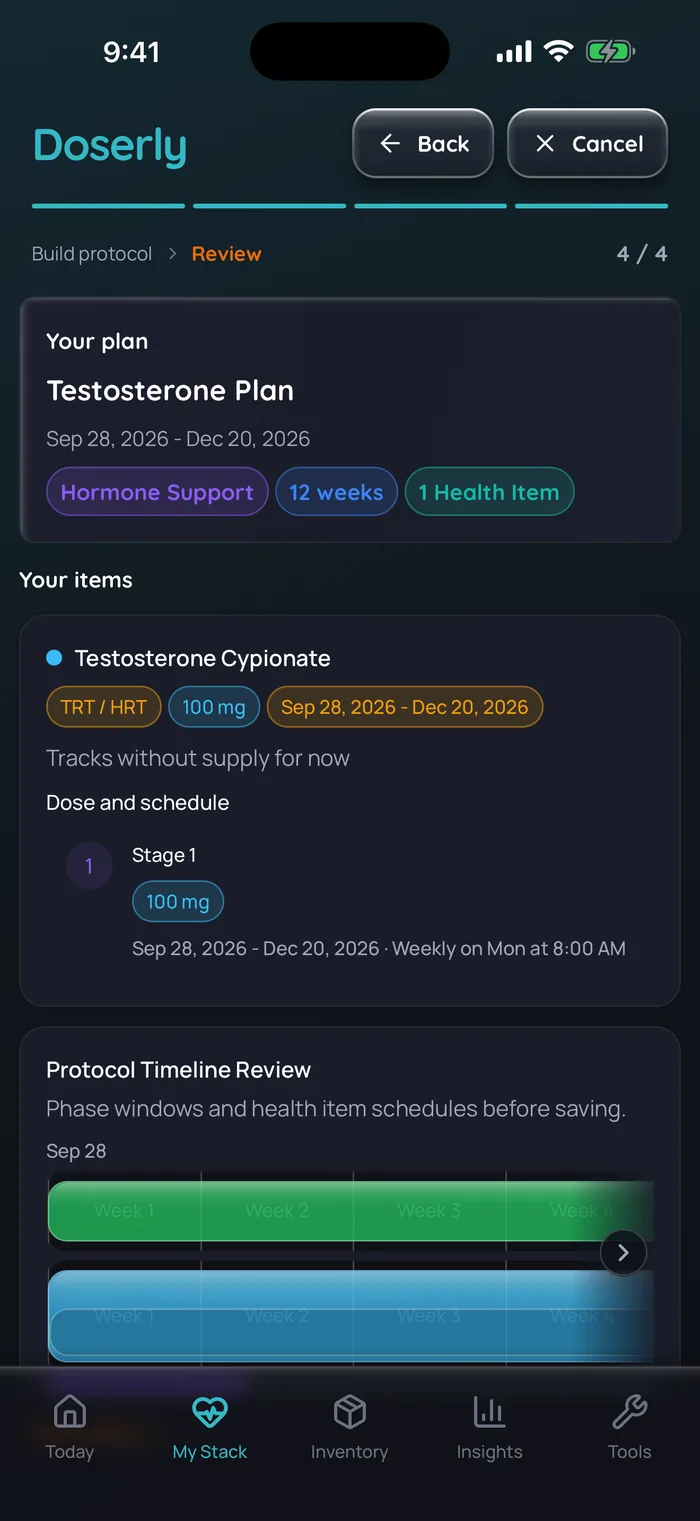 Doserly plan review for an example 12-week testosterone cypionate plan: 100 mg weekly on Mondays at 8:00 AM from Sep 28 to Dec 20, 2026, shown as one dated stage.