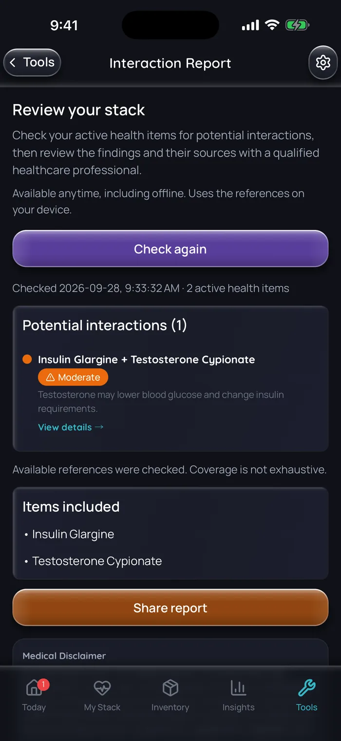 Doserly interaction report for two example items, testosterone cypionate and insulin glargine, flagging one moderate interaction: testosterone may lower blood glucose and change insulin requirements. A note says coverage is not exhaustive.