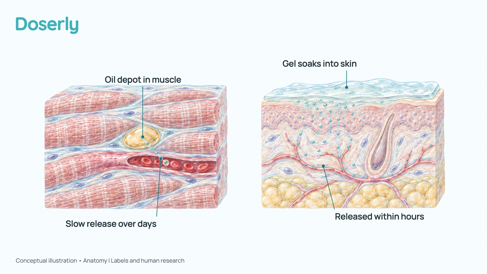 Conceptual illustration with two panels: on the left, a pool of oil within muscle fibers slowly releasing hormone into a nearby blood vessel; on the right, layers of skin holding a thin film of gel that soaks into a reservoir above small vessels. It is a schematic, not a measured amount.